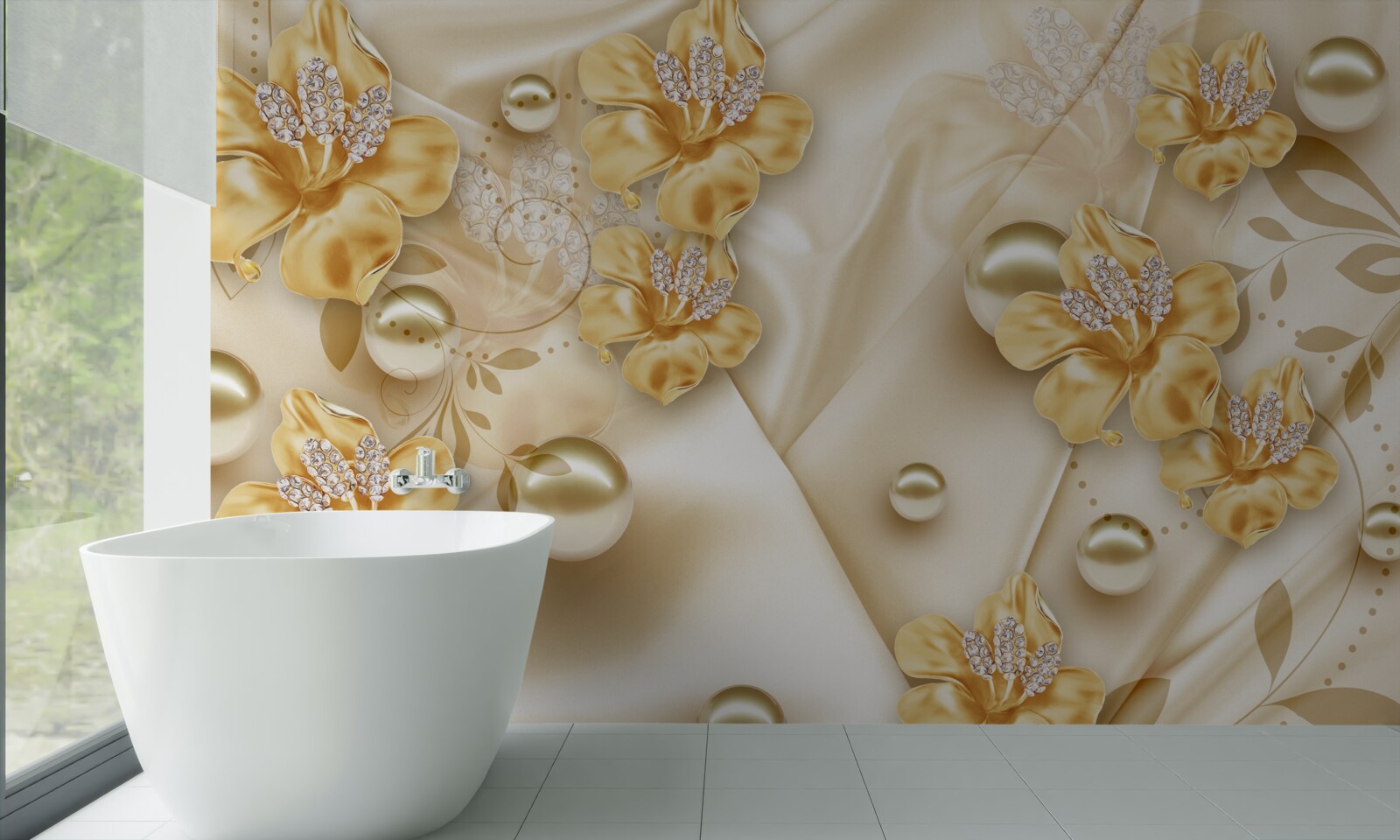 Fotobehang zijden stof is versierd met gouden en parelmoeren bloemen