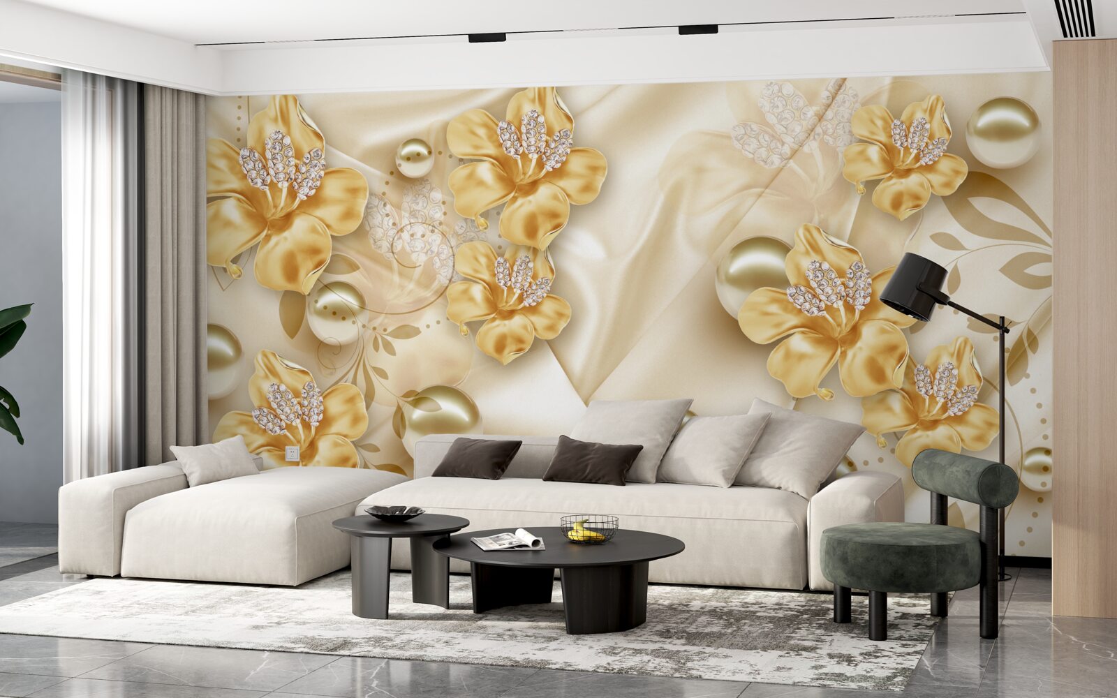 Fotobehang zijden stof is versierd met gouden en parelmoeren bloemen