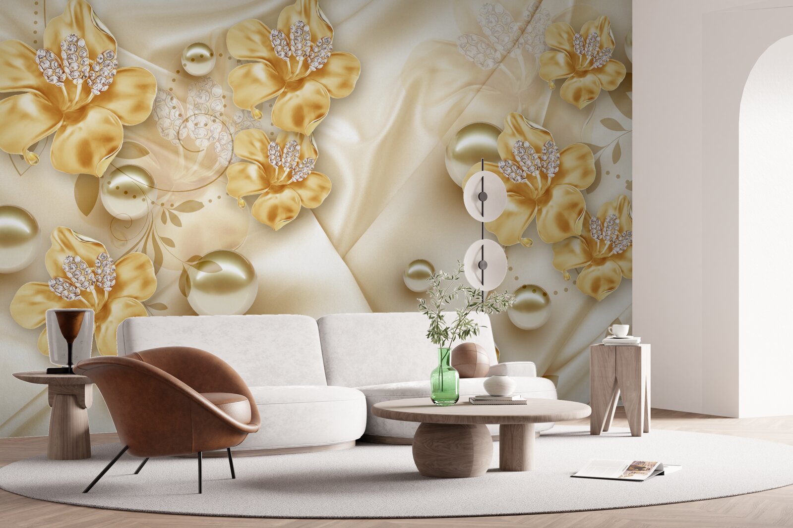 Fotobehang zijden stof is versierd met gouden en parelmoeren bloemen