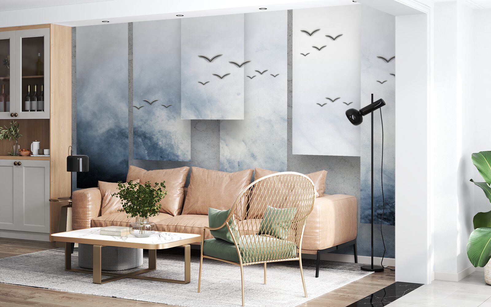 Fotobehang modules maken plaats voor vogels die de storm verlaten