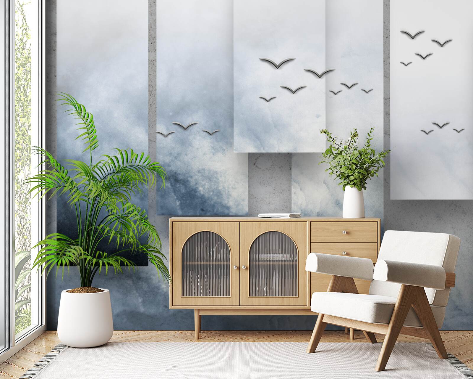 Fotobehang modules maken plaats voor vogels die de storm verlaten