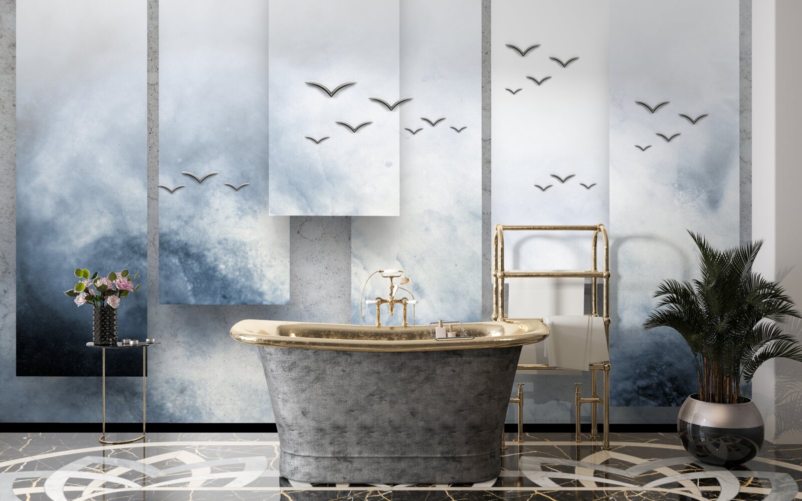 Fotobehang modules maken plaats voor vogels die de storm verlaten