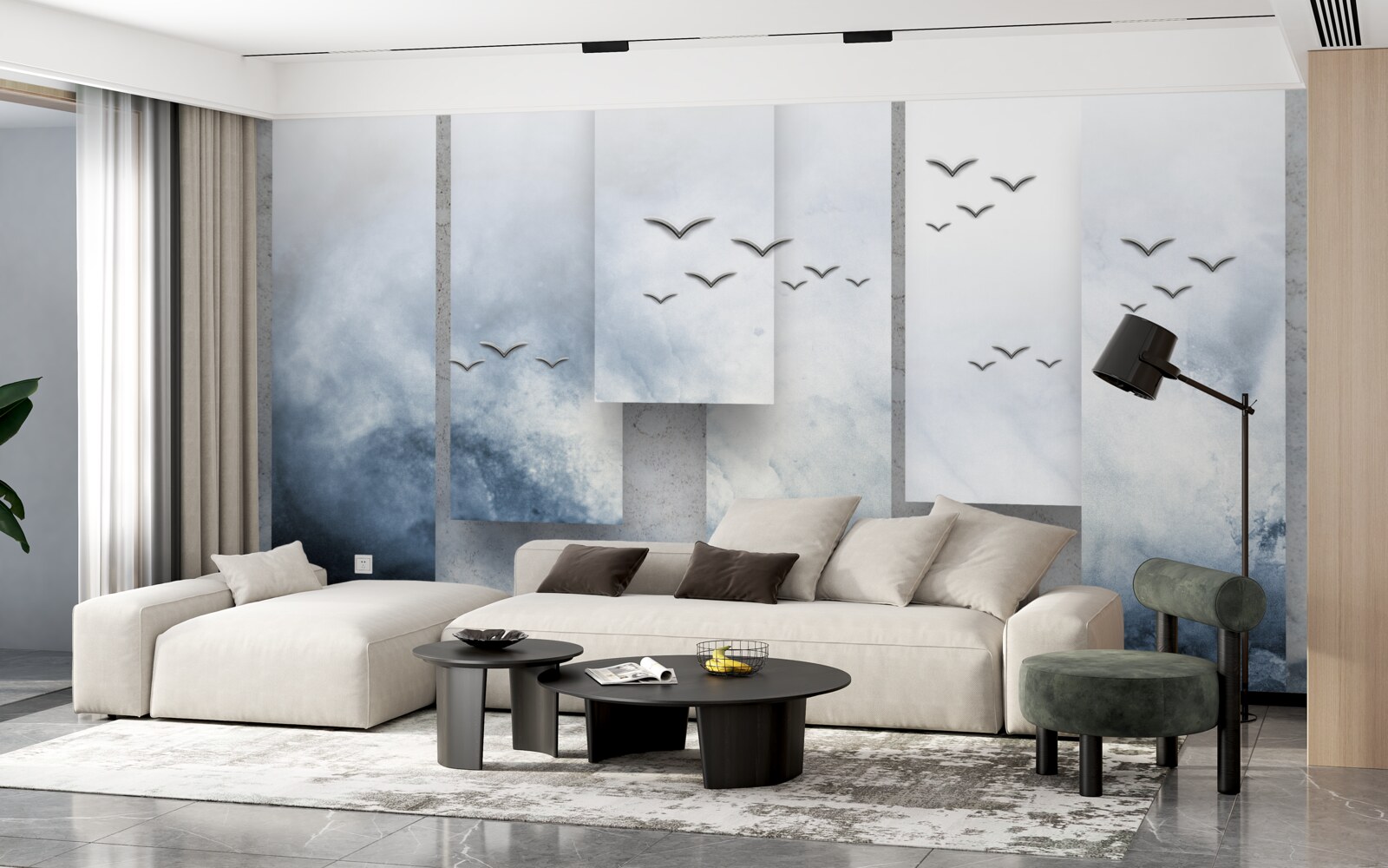 Fotobehang modules maken plaats voor vogels die de storm verlaten