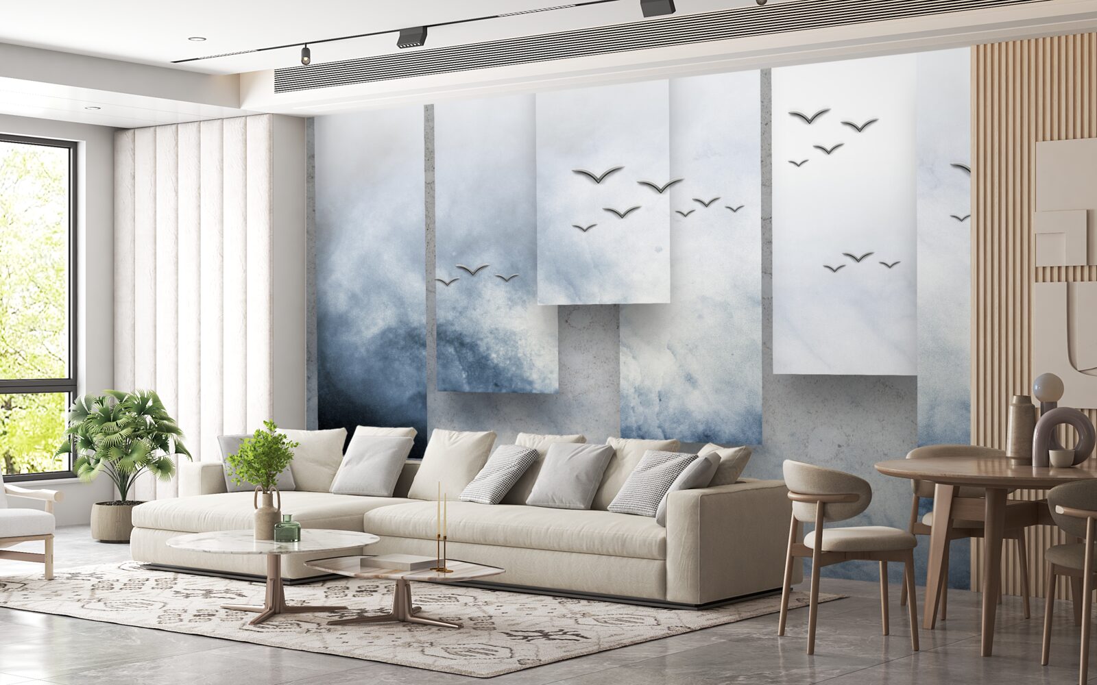 Fotobehang modules maken plaats voor vogels die de storm verlaten