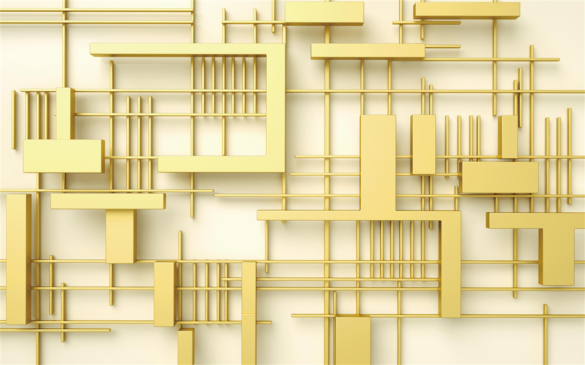 Fotobehang geometrische vormen van goud, geplaatst op een gouden rooster