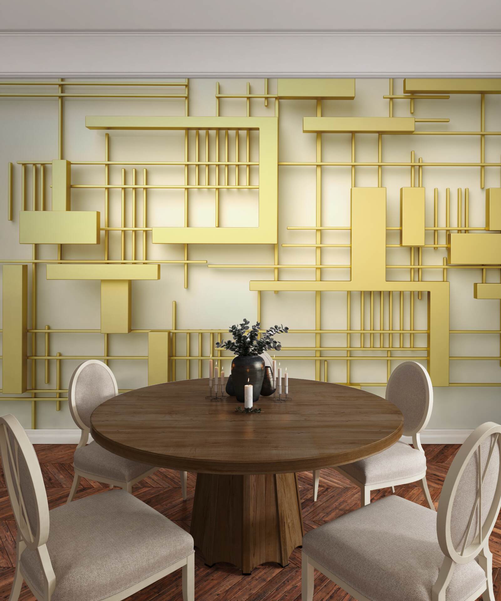 Fotobehang geometrische vormen van goud, geplaatst op een gouden rooster