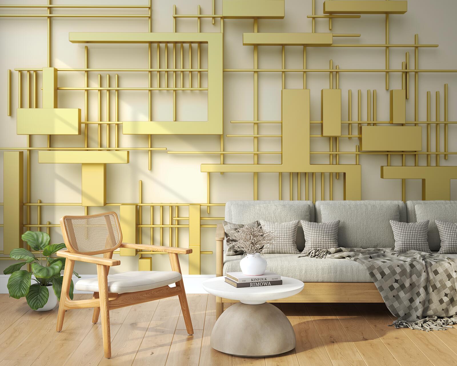 Fotobehang geometrische vormen van goud, geplaatst op een gouden rooster