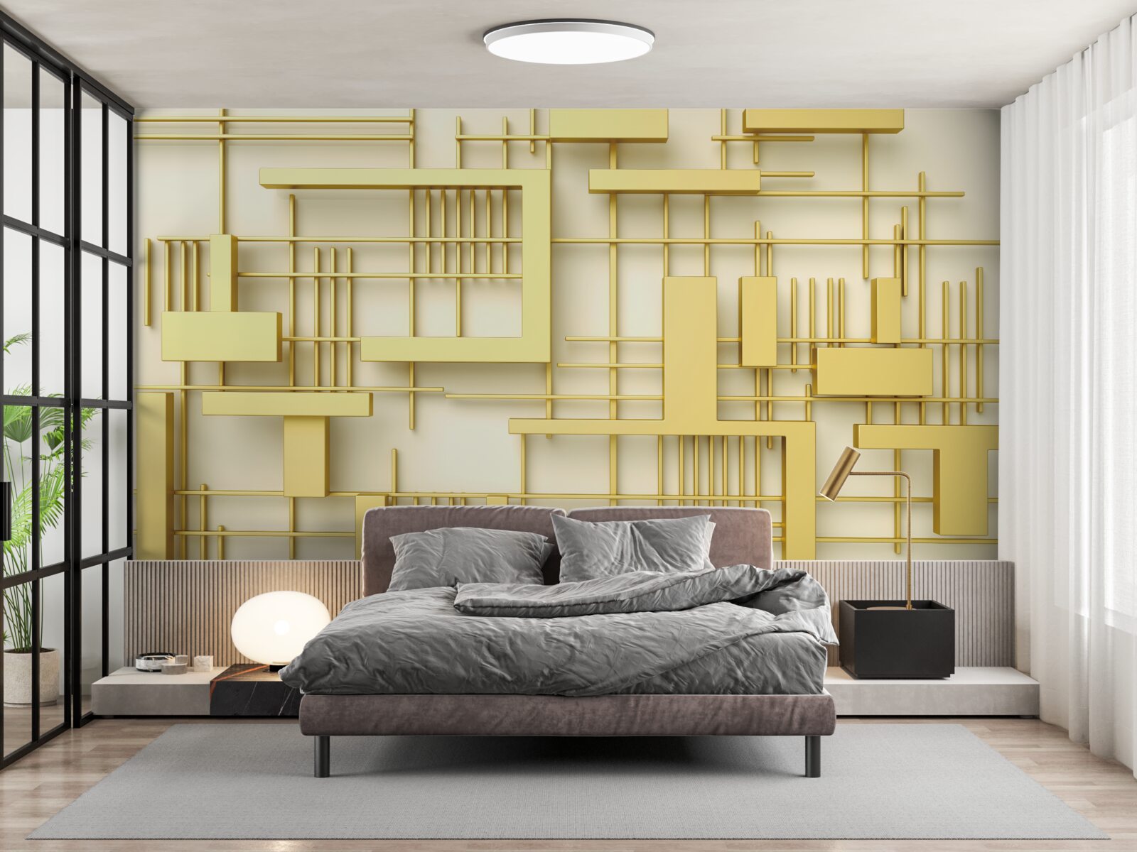 Fotobehang geometrische vormen van goud, geplaatst op een gouden rooster