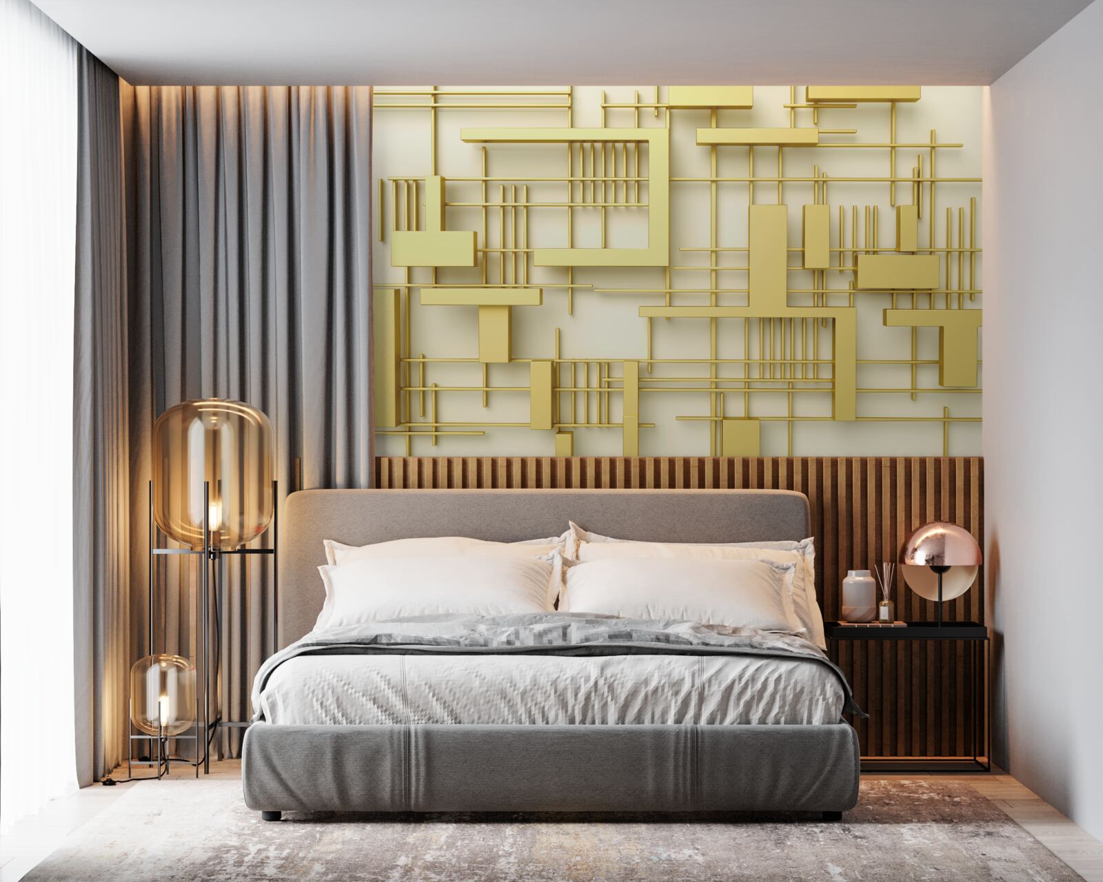 Fotobehang geometrische vormen van goud, geplaatst op een gouden rooster