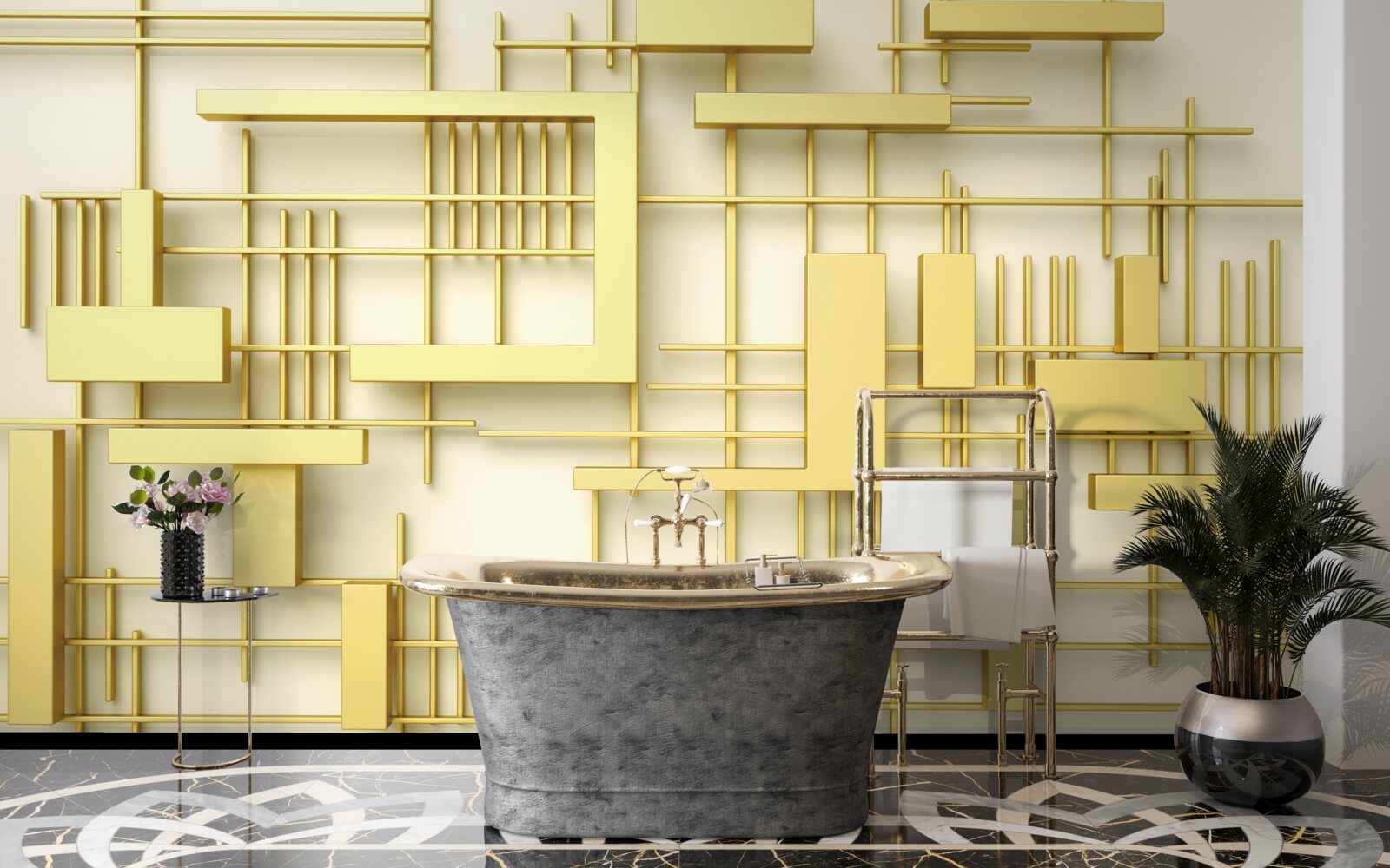 Fotobehang geometrische vormen van goud, geplaatst op een gouden rooster