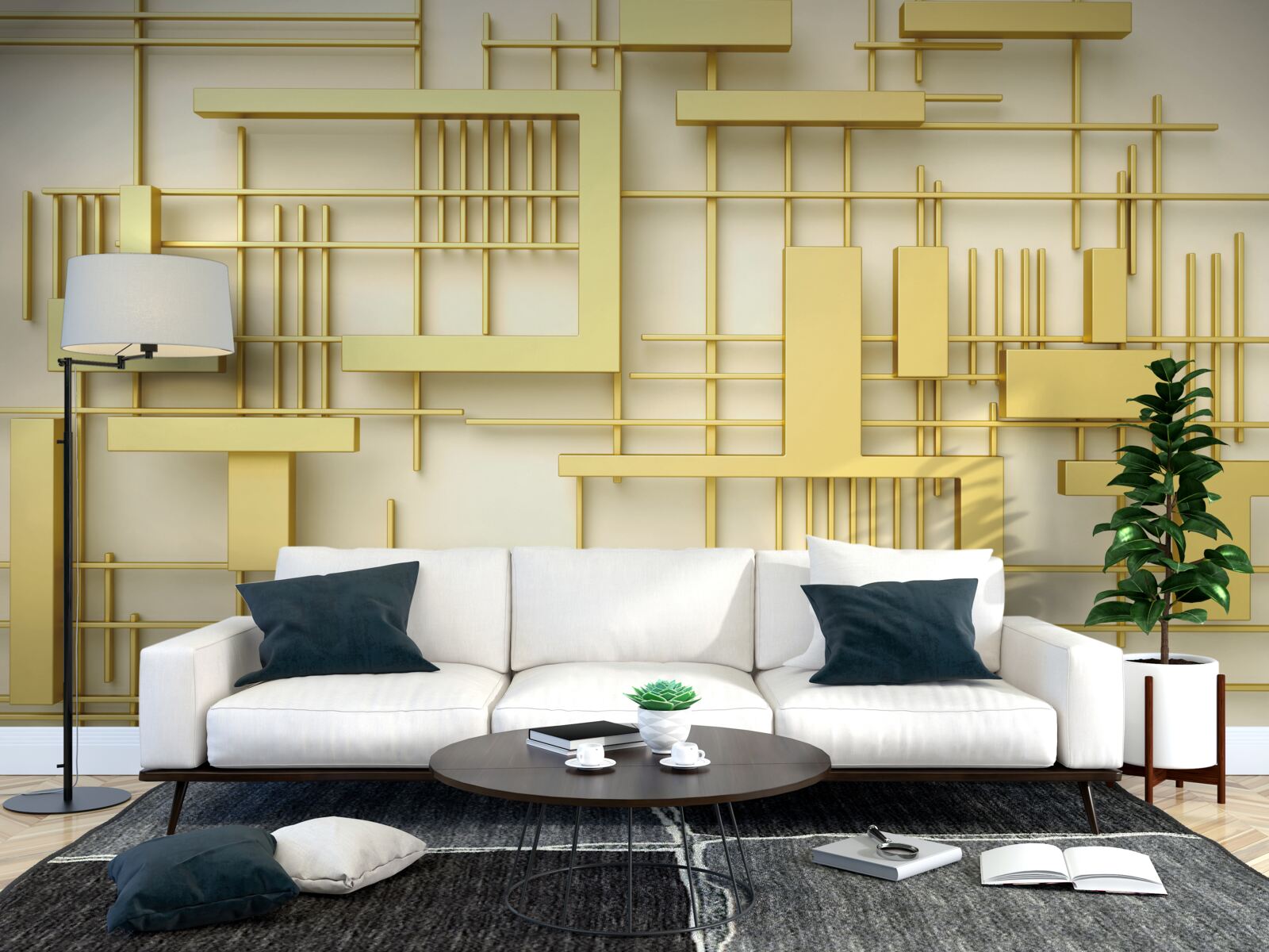 Fotobehang geometrische vormen van goud, geplaatst op een gouden rooster