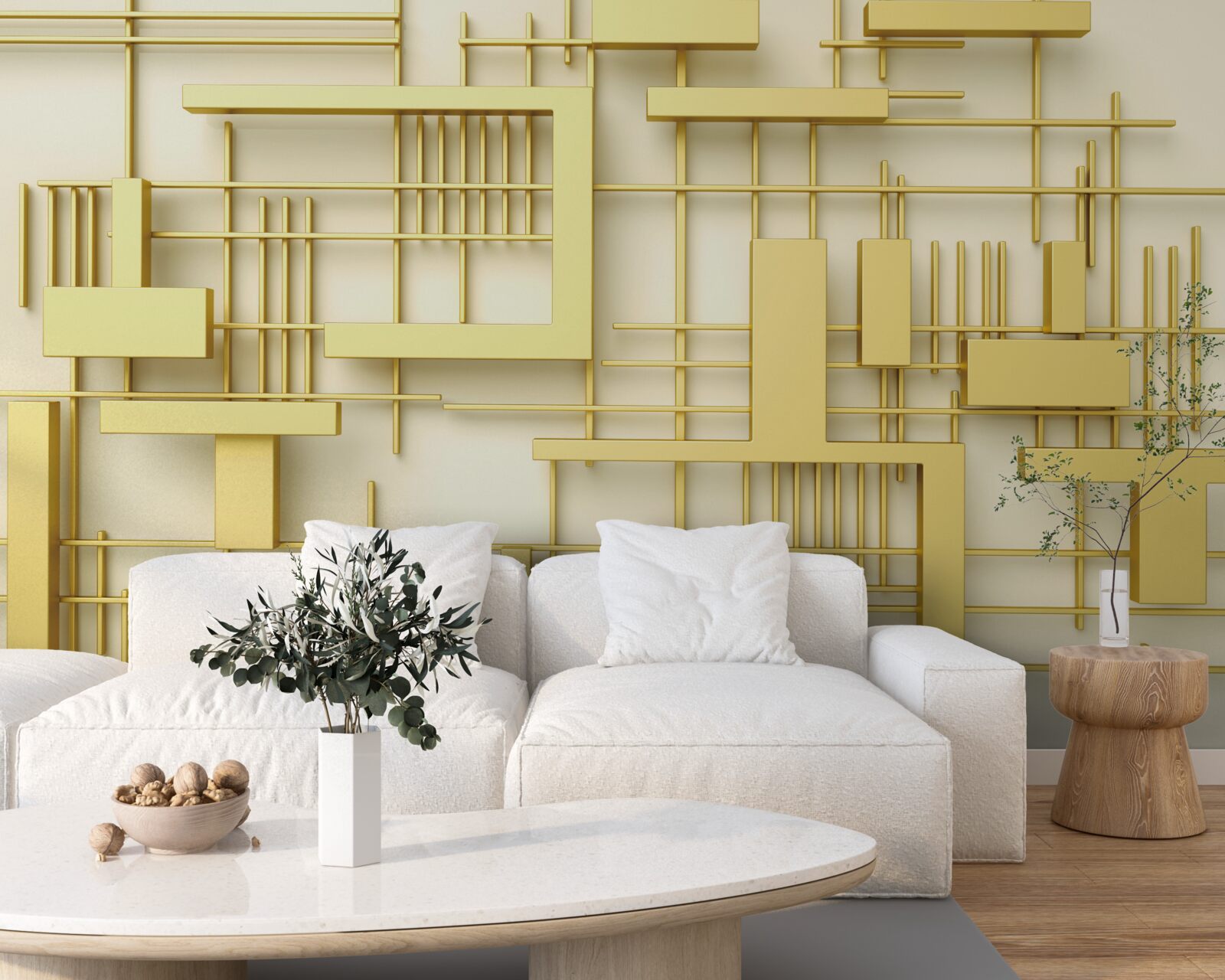 Fotobehang geometrische vormen van goud, geplaatst op een gouden rooster