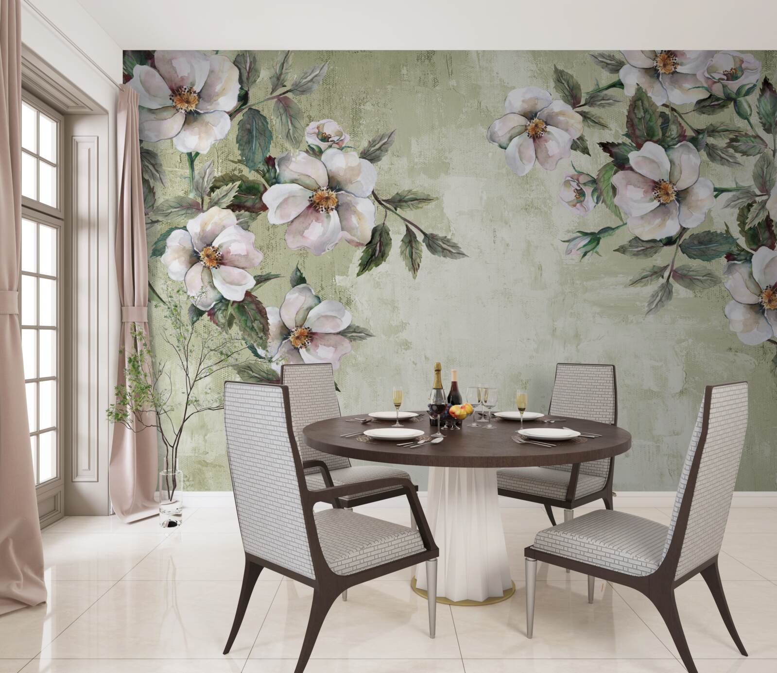 Fotobehang de spreidende takken van de sneeuwwitte magnolia