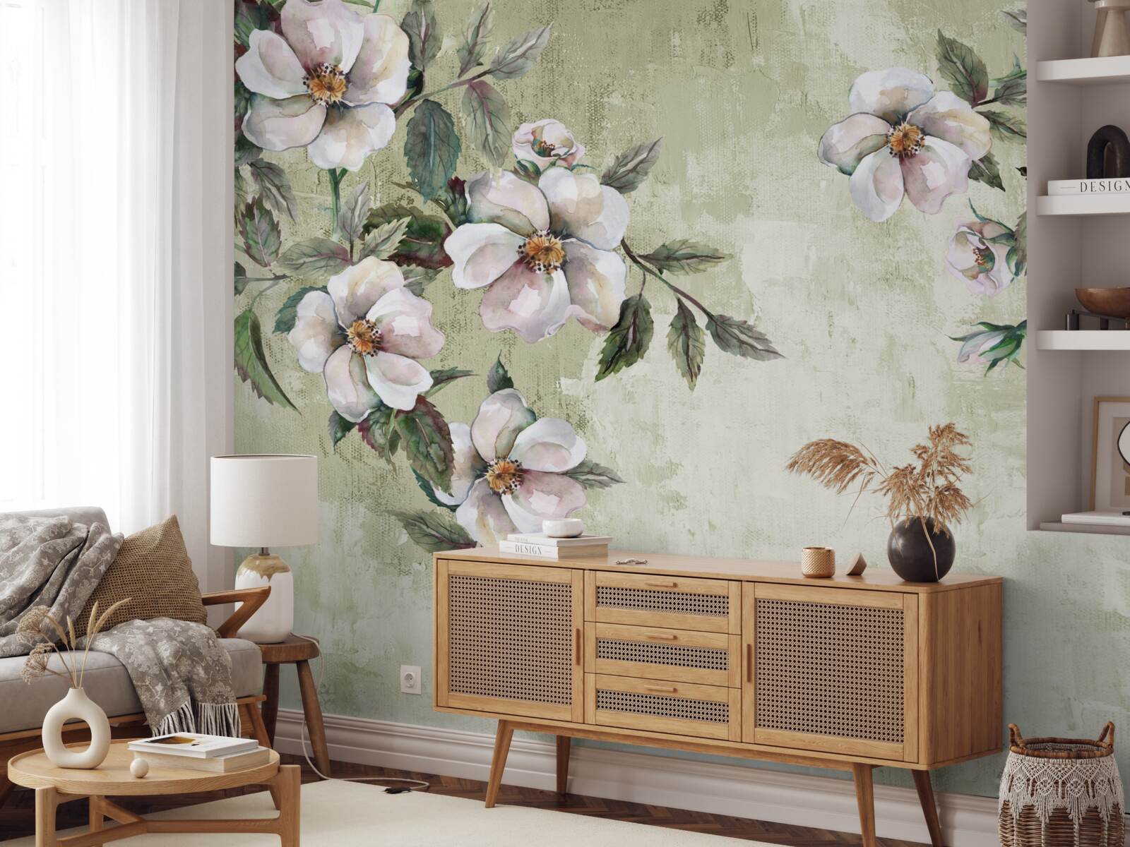 Fotobehang de spreidende takken van de sneeuwwitte magnolia