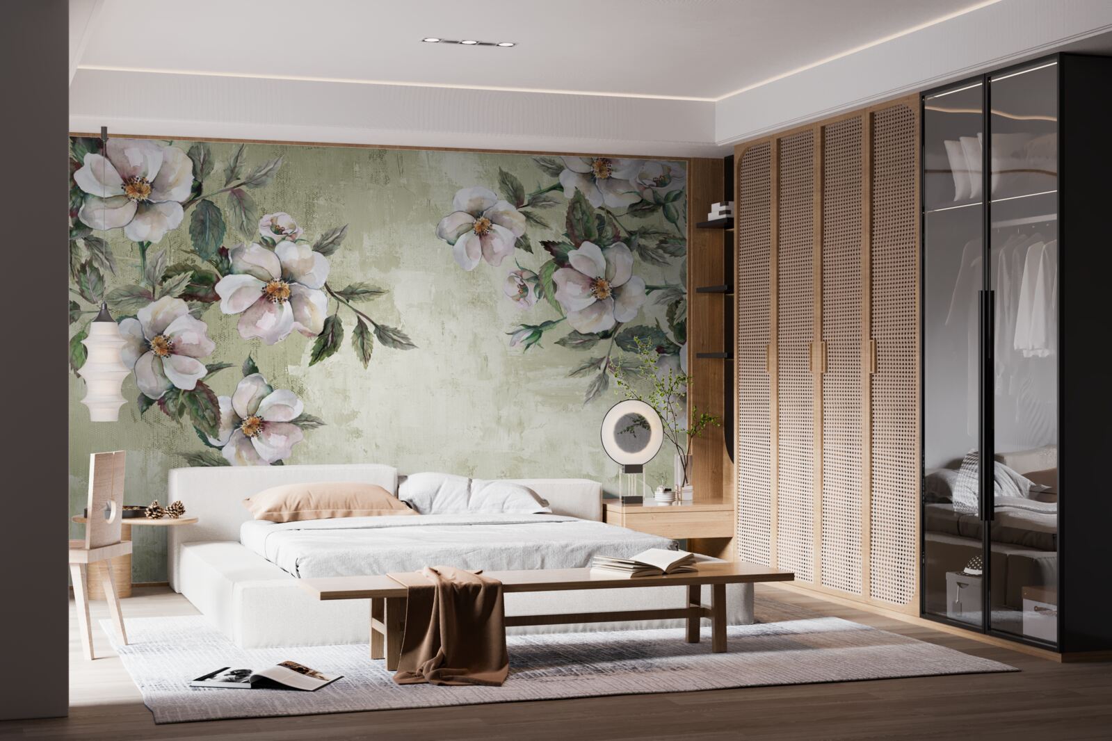 Fotobehang de spreidende takken van de sneeuwwitte magnolia