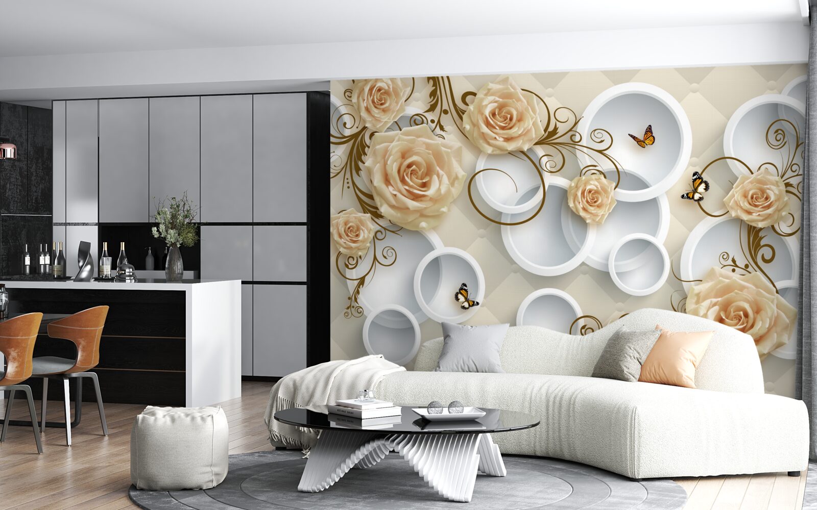 Fotobehang takken met bruine rozen op een abstracte achtergrond