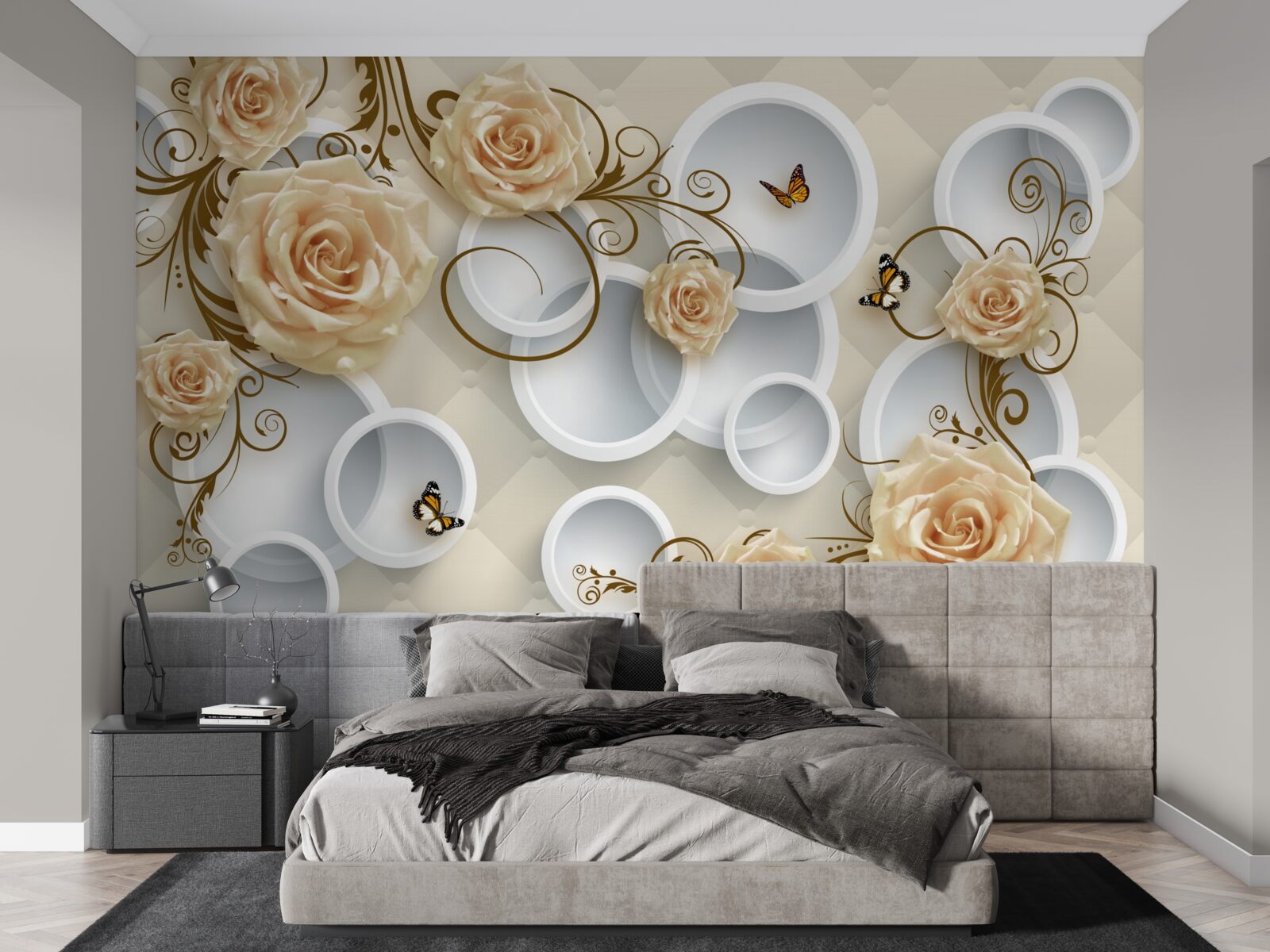 Fotobehang takken met bruine rozen op een abstracte achtergrond