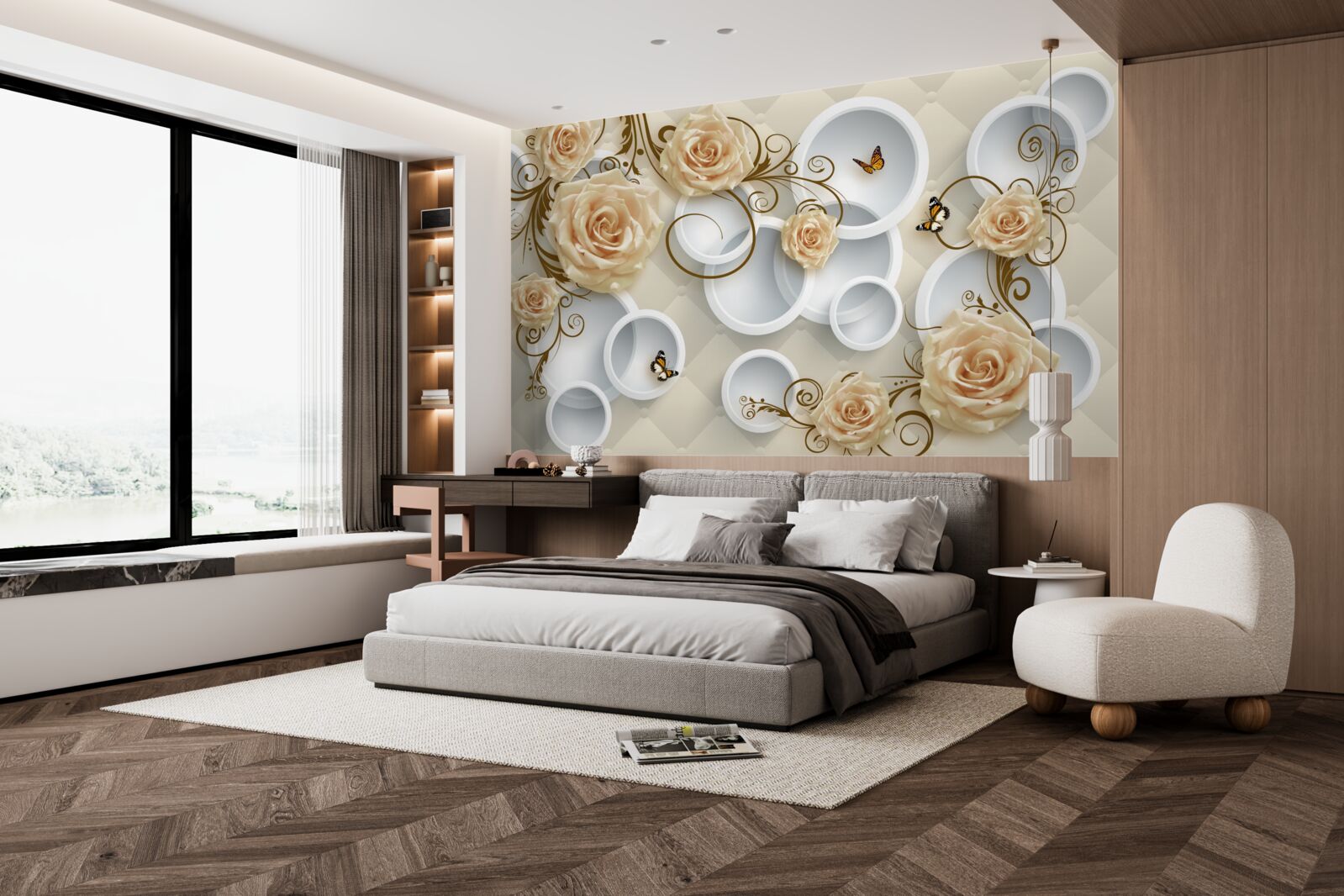 Fotobehang takken met bruine rozen op een abstracte achtergrond