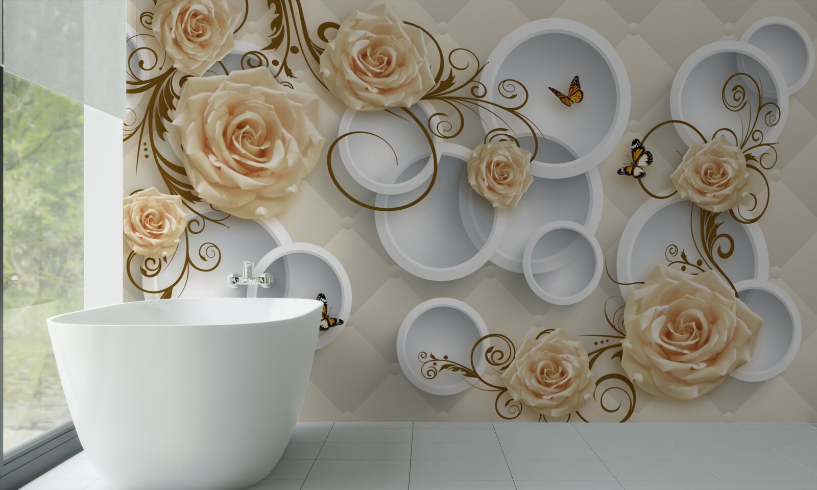 Fotobehang takken met bruine rozen op een abstracte achtergrond