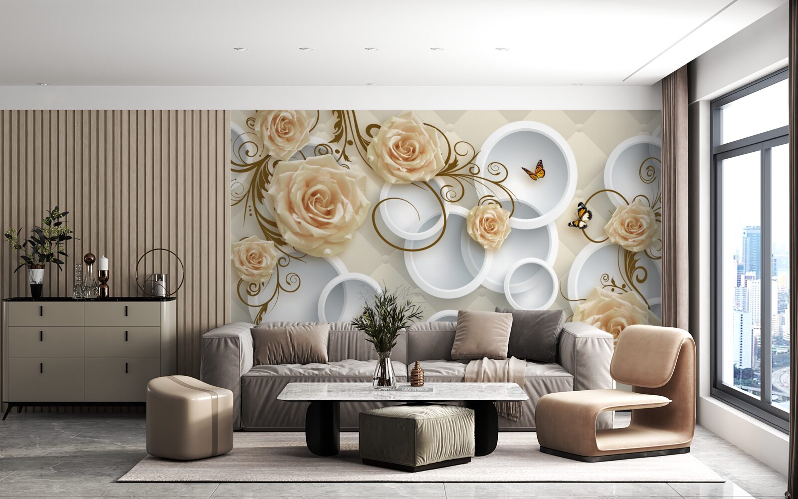 Fotobehang takken met bruine rozen op een abstracte achtergrond