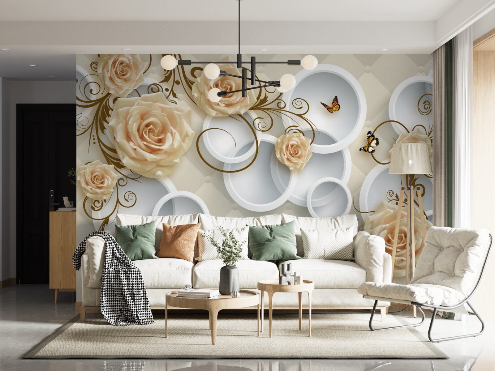 Fotobehang takken met bruine rozen op een abstracte achtergrond