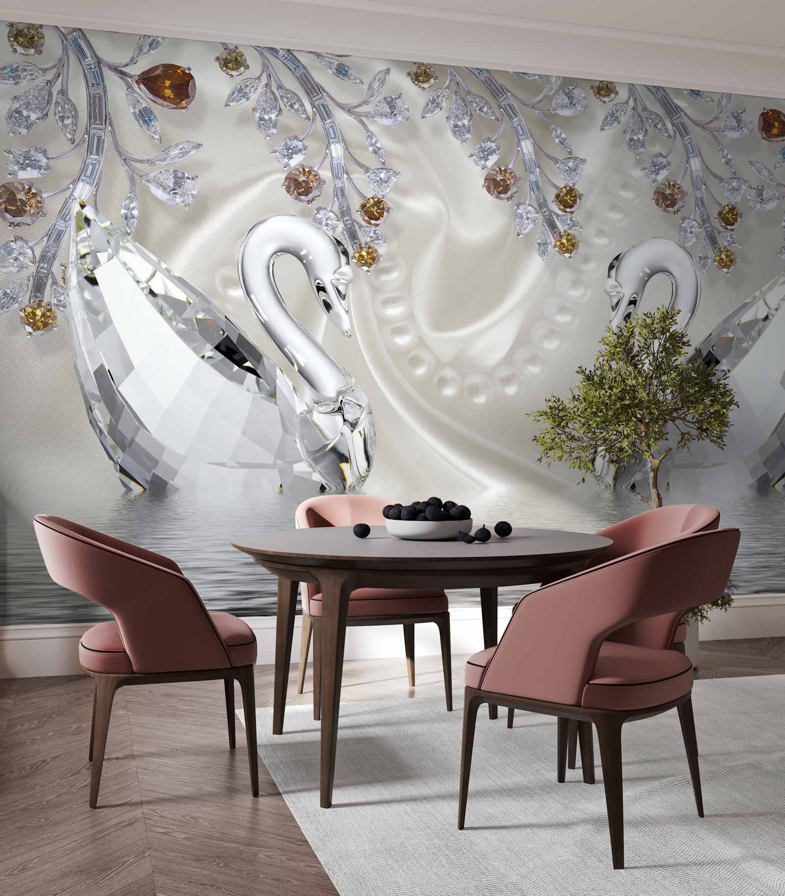 Fotobehang sneeuwwitte zwanen zwemmen over de vijver en de takken van de bloemen hebben een gouden tint