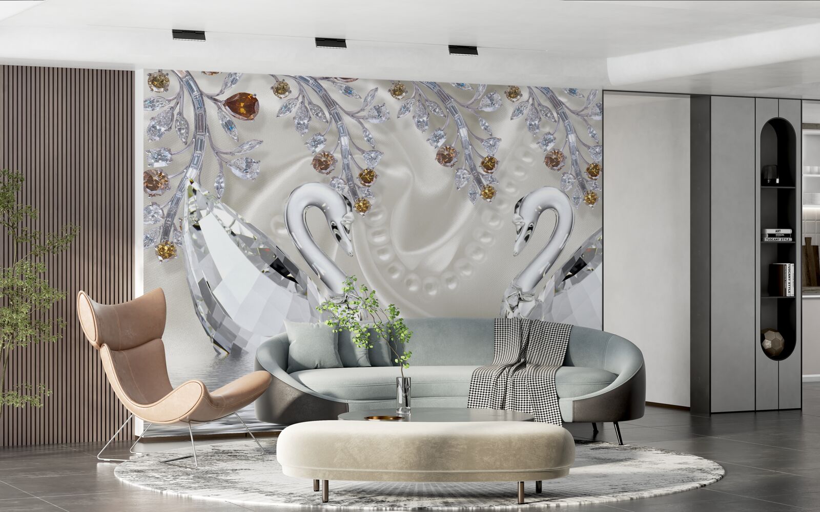 Fotobehang sneeuwwitte zwanen zwemmen over de vijver en de takken van de bloemen hebben een gouden tint