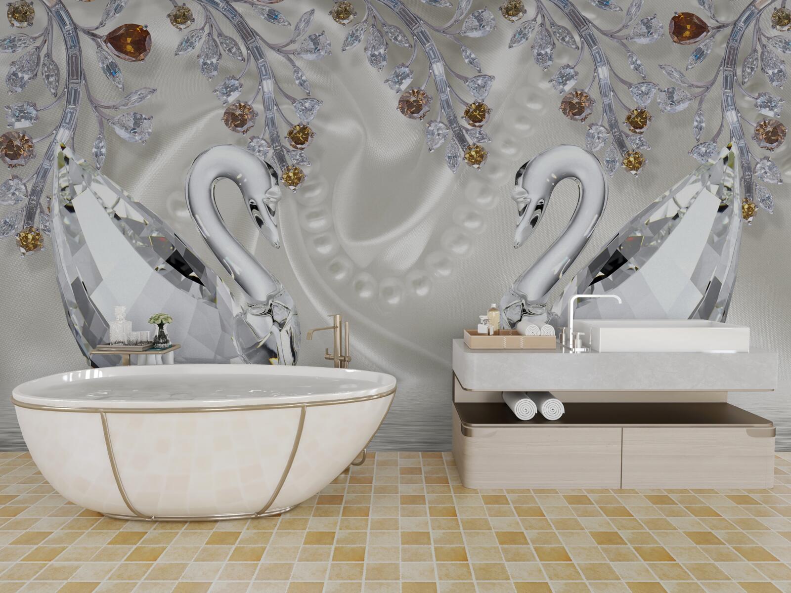 Fotobehang sneeuwwitte zwanen zwemmen over de vijver en de takken van de bloemen hebben een gouden tint