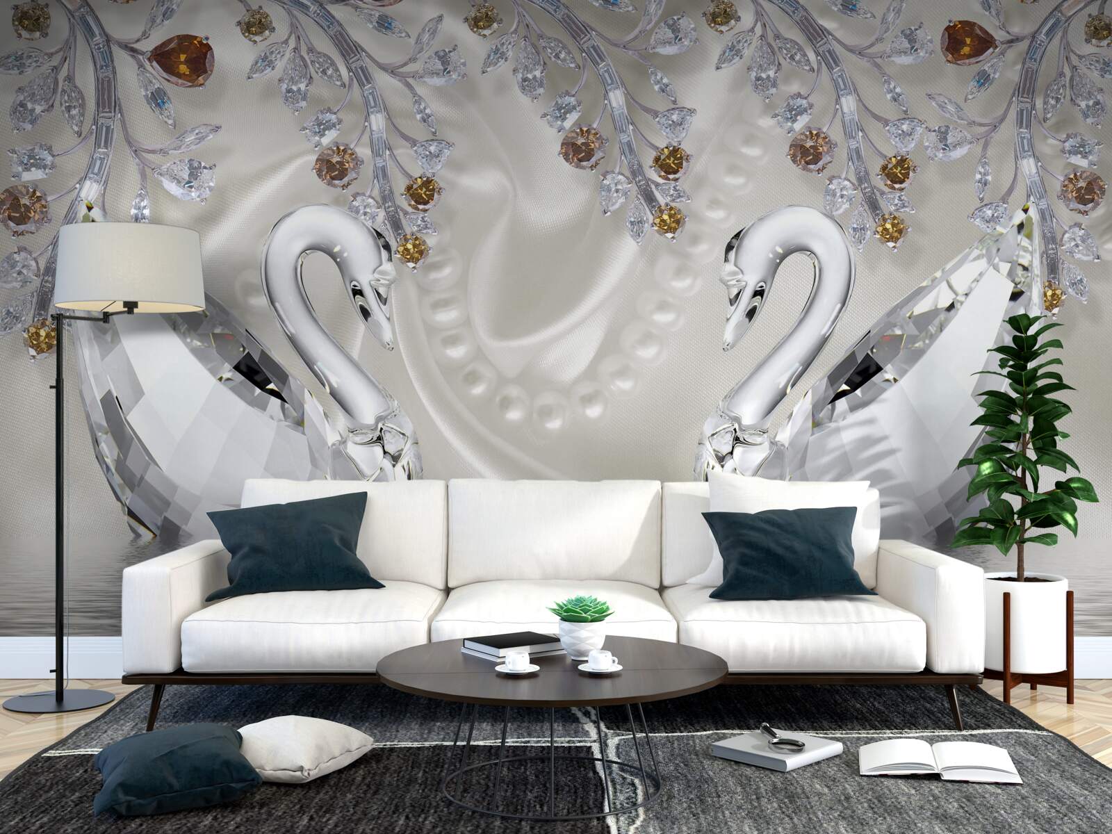 Fotobehang sneeuwwitte zwanen zwemmen over de vijver en de takken van de bloemen hebben een gouden tint