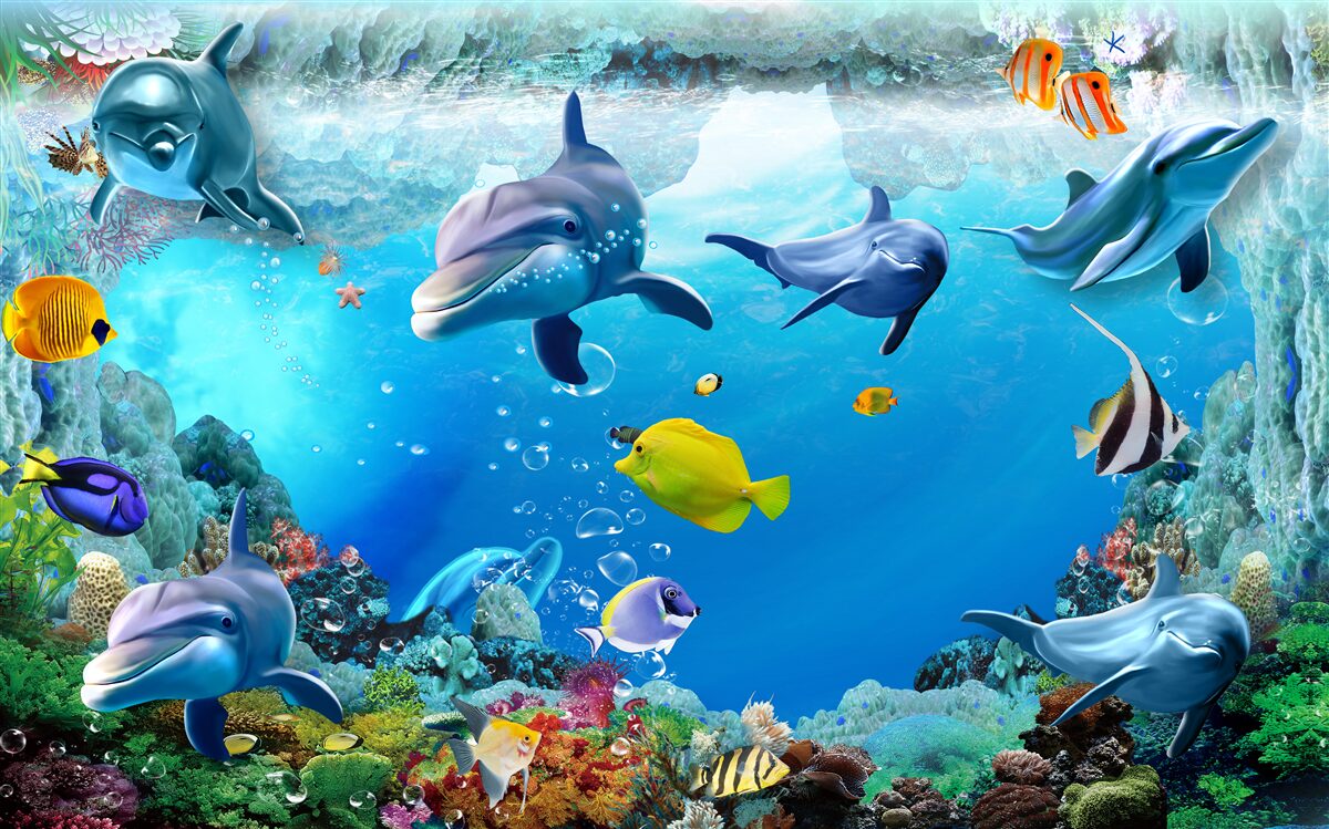 Fotobehang onderwaterwereld met dolfijnen en vissen
