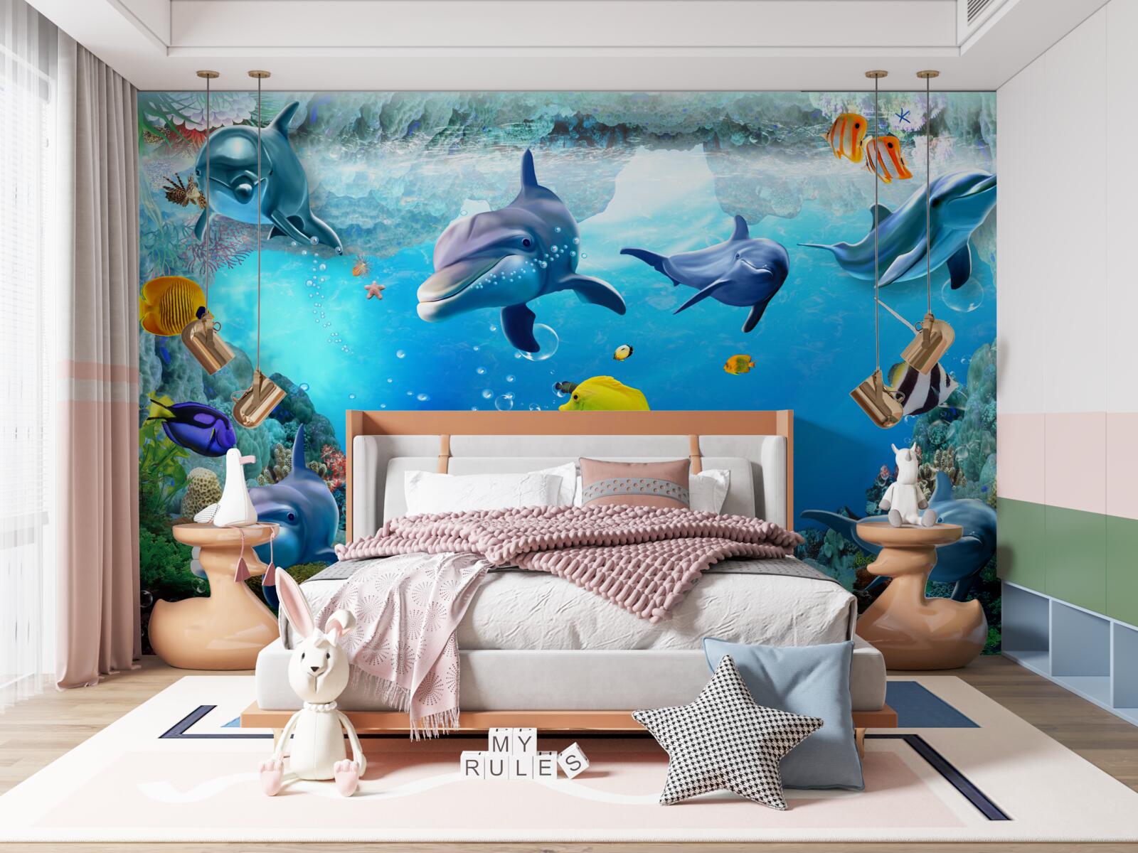 Fotobehang onderwaterwereld met dolfijnen en vissen