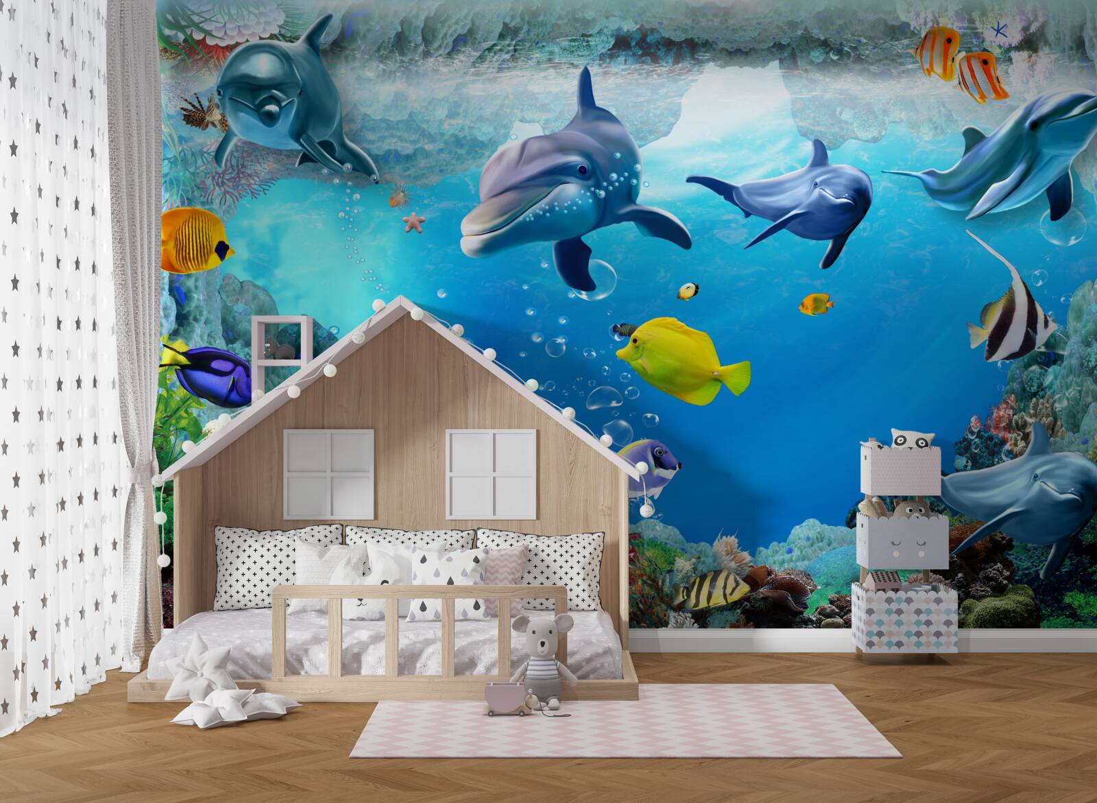 Fotobehang onderwaterwereld met dolfijnen en vissen