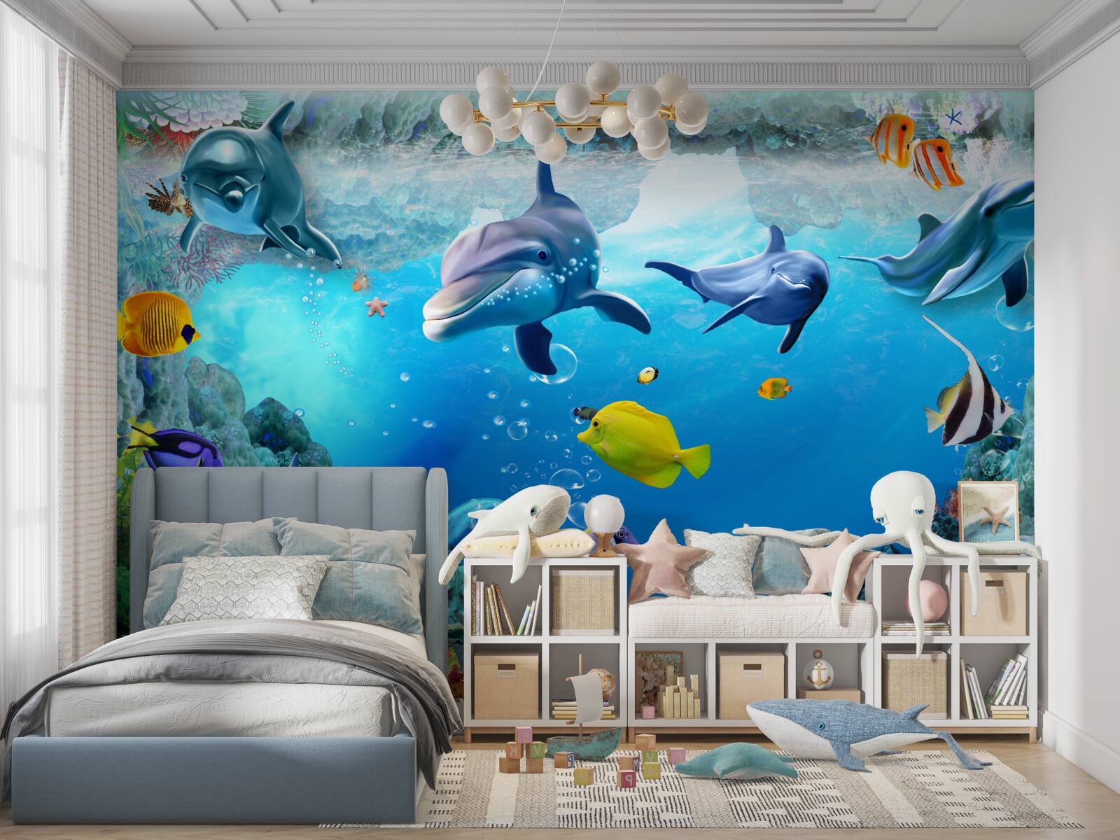 Fotobehang onderwaterwereld met dolfijnen en vissen