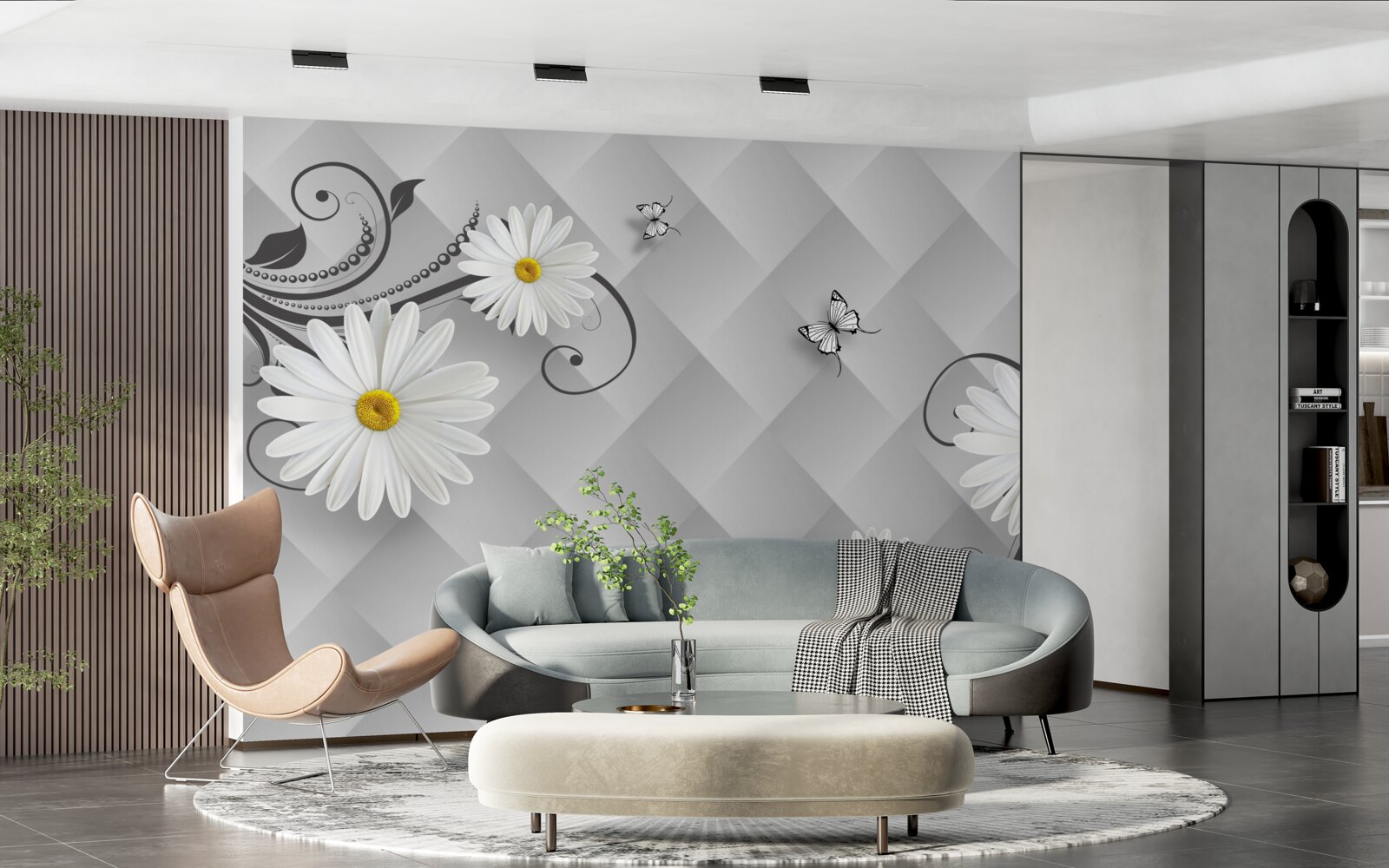 Fotobehang abstracte achtergrond versierd met witte madeliefjes en vlinders