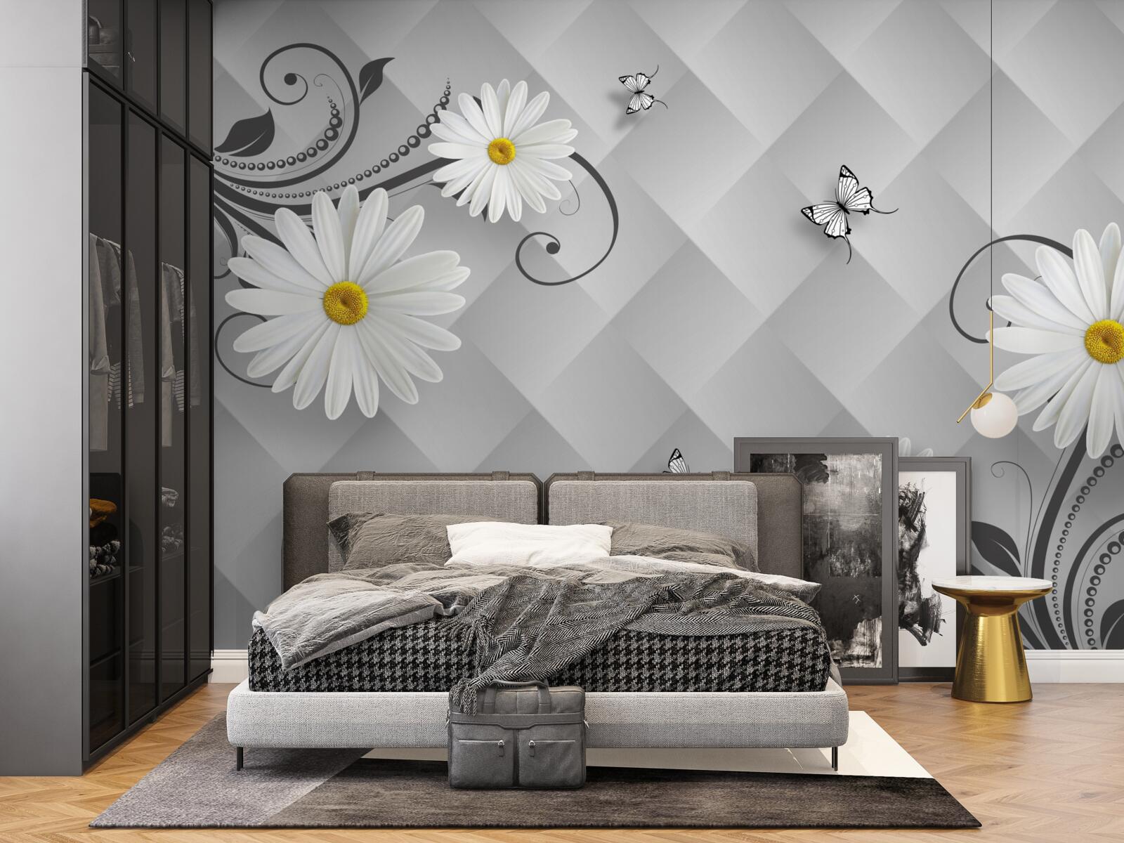 Fotobehang abstracte achtergrond versierd met witte madeliefjes en vlinders