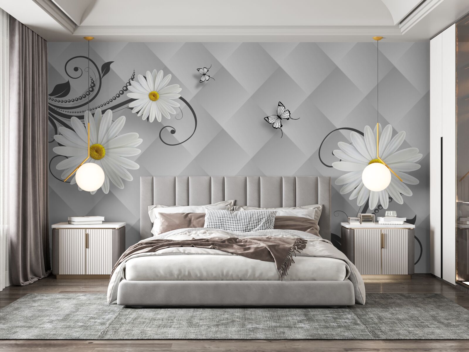 Fotobehang abstracte achtergrond versierd met witte madeliefjes en vlinders