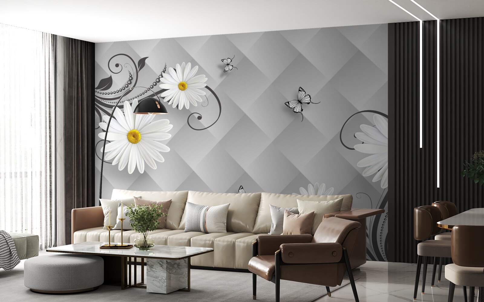 Fotobehang abstracte achtergrond versierd met witte madeliefjes en vlinders