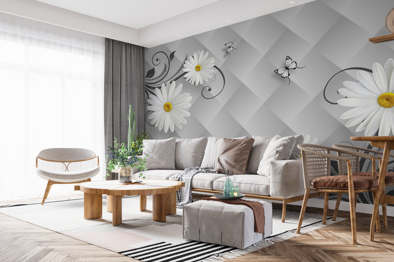 Fotobehang abstracte achtergrond versierd met witte madeliefjes en vlinders