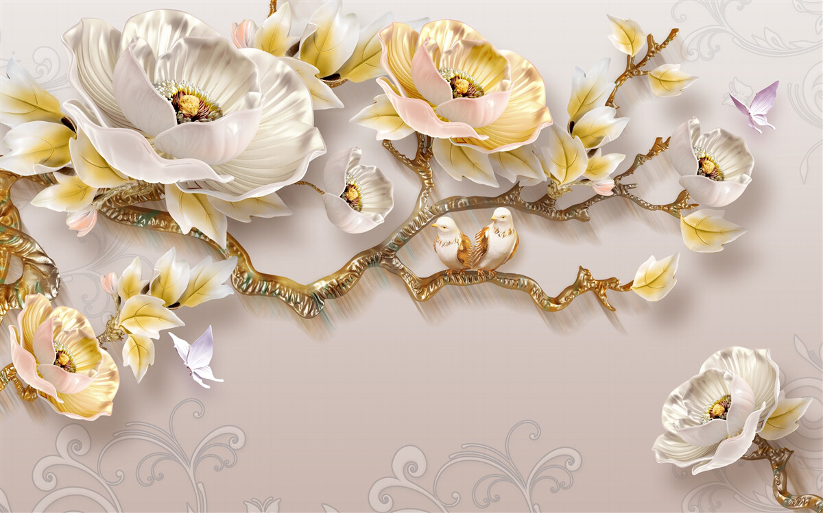 Fotobehang juwelen en goud in de vorm van magnoliatakken