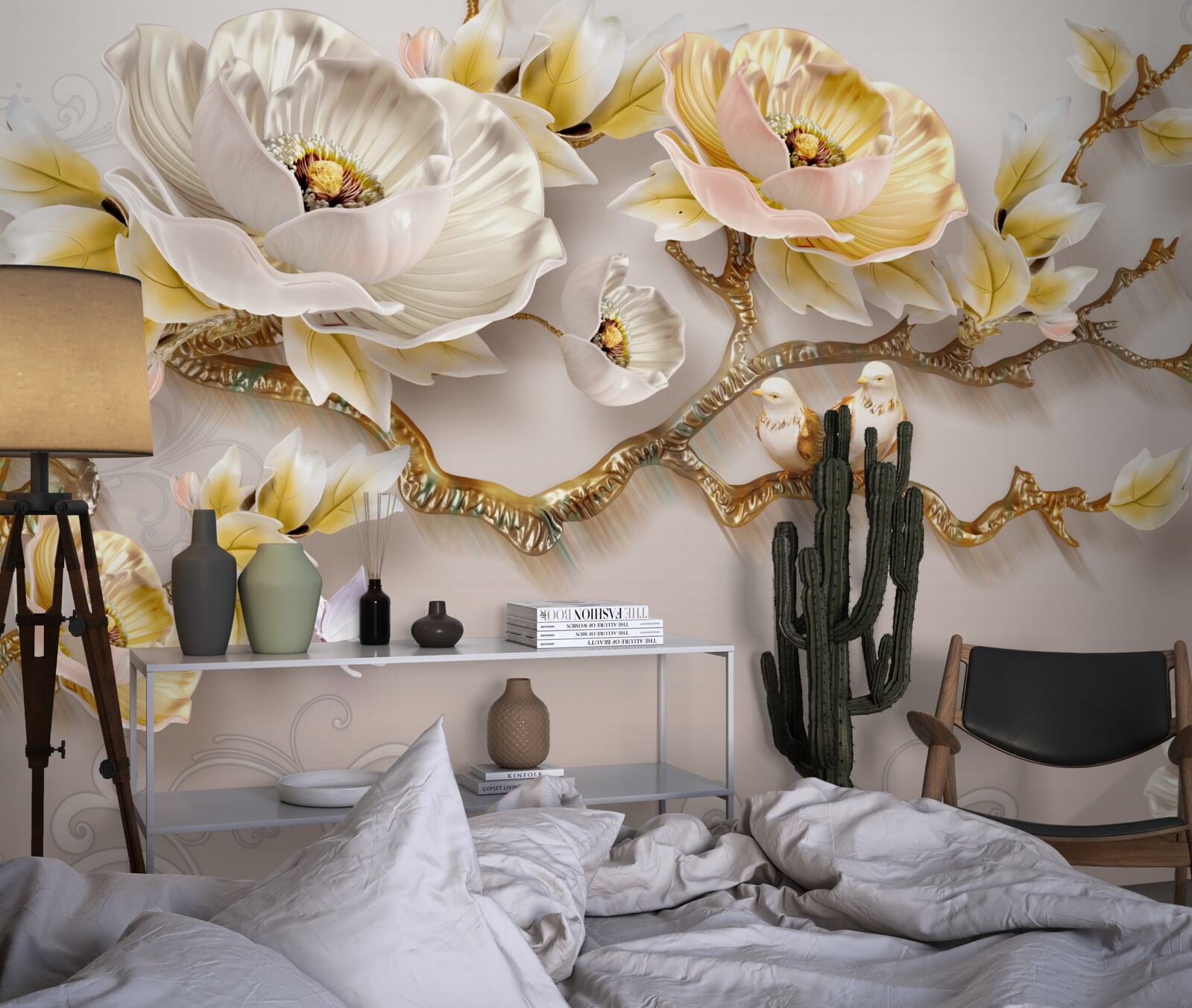 Fotobehang juwelen en goud in de vorm van magnoliatakken