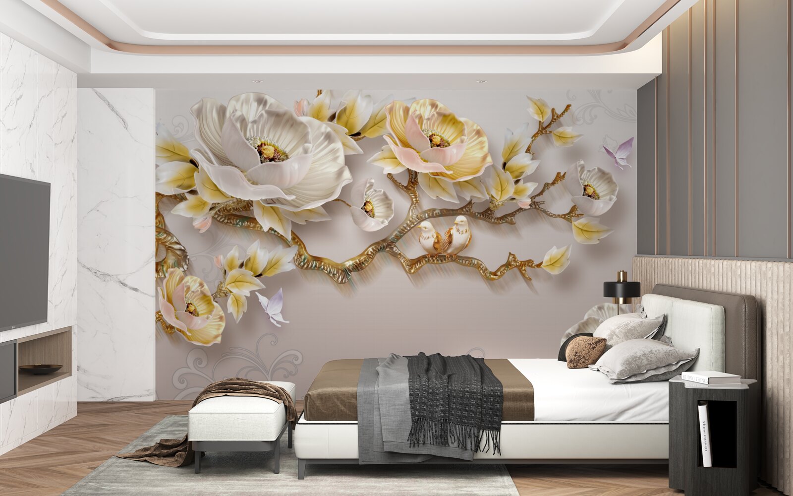 Fotobehang juwelen en goud in de vorm van magnoliatakken