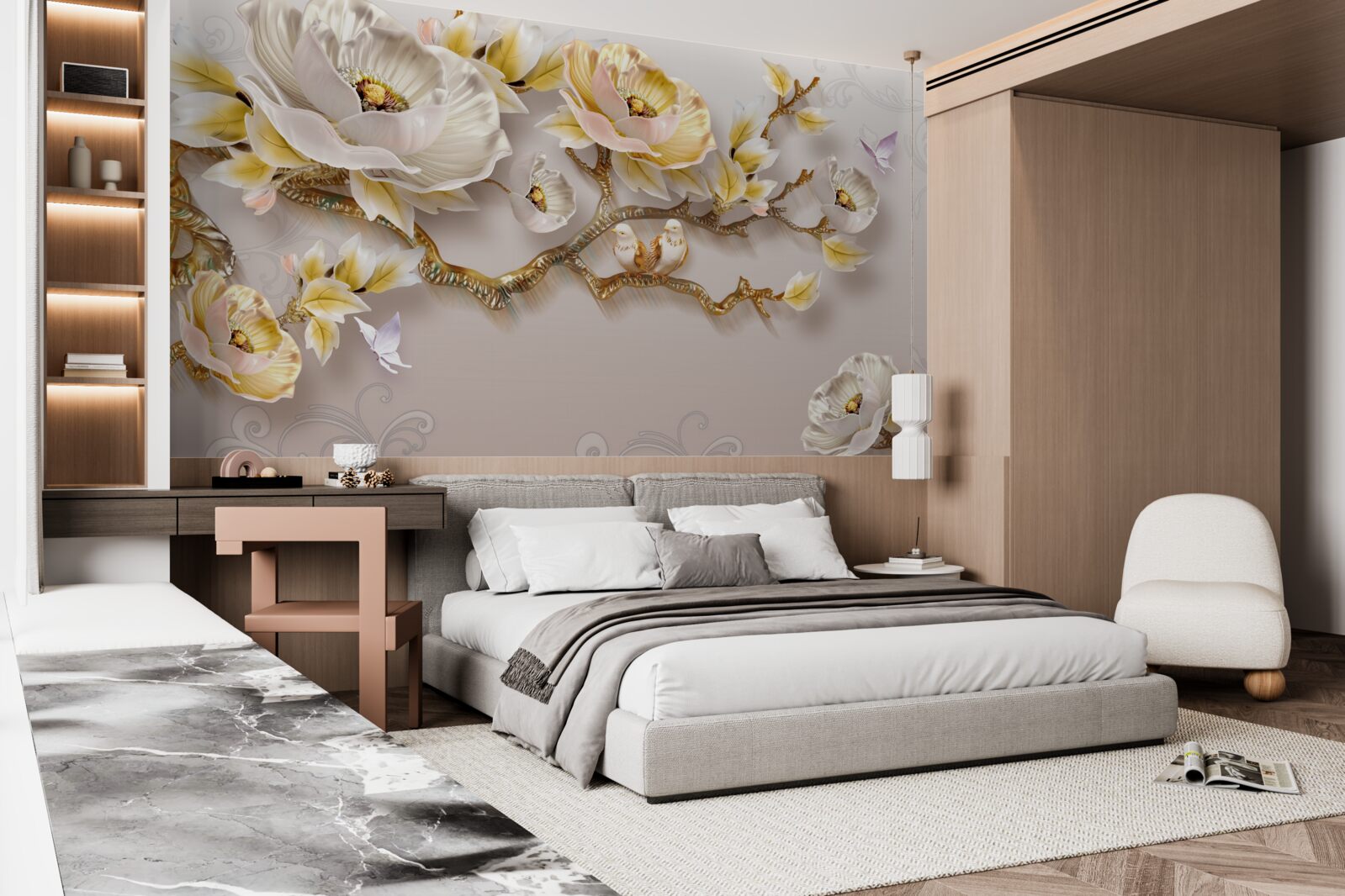 Fotobehang juwelen en goud in de vorm van magnoliatakken