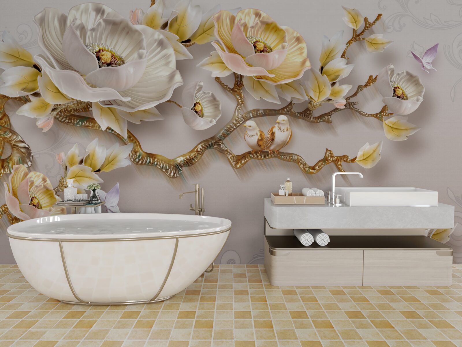 Fotobehang juwelen en goud in de vorm van magnoliatakken