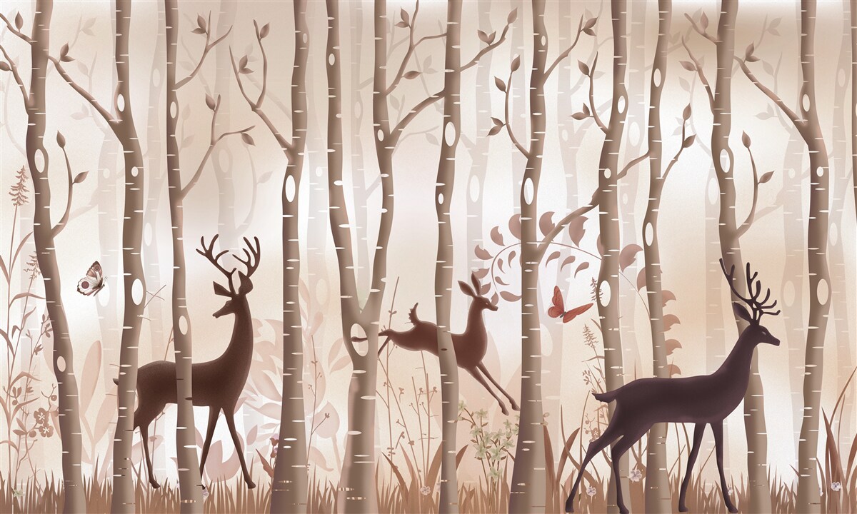 Fotobehang het ranke bos is een plek voor hertenwandelingen