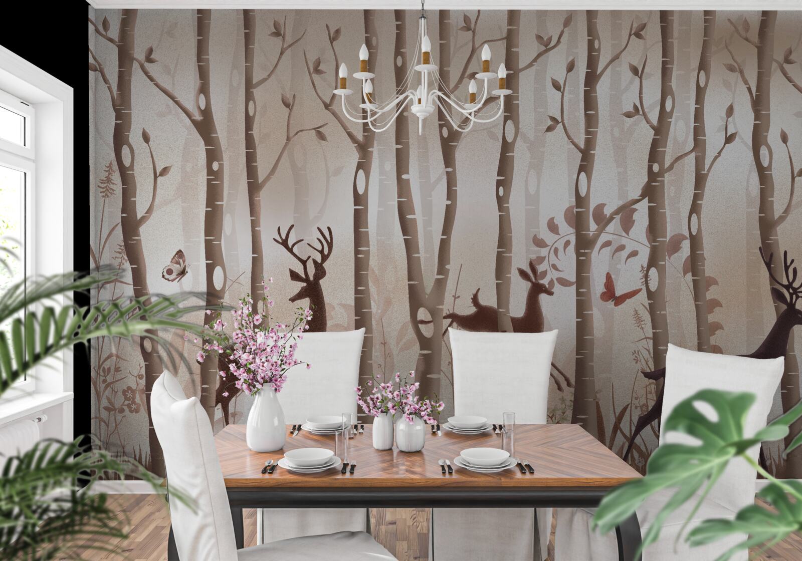 Fotobehang het ranke bos is een plek voor hertenwandelingen