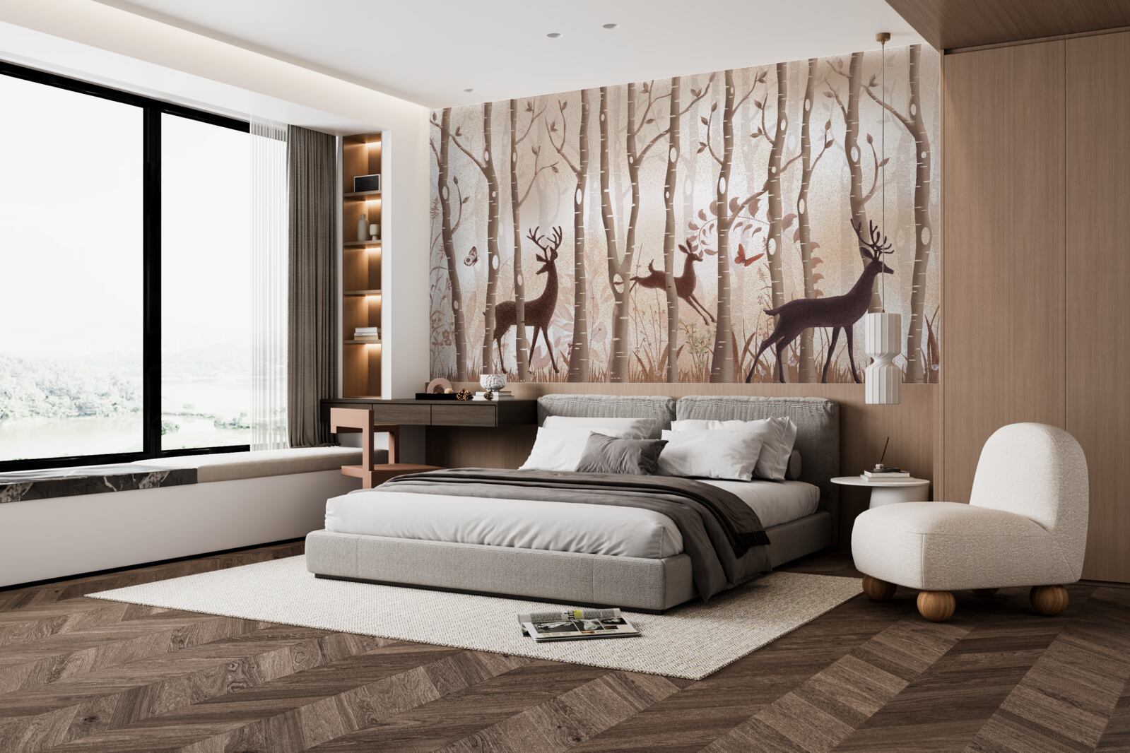 Fotobehang het ranke bos is een plek voor hertenwandelingen