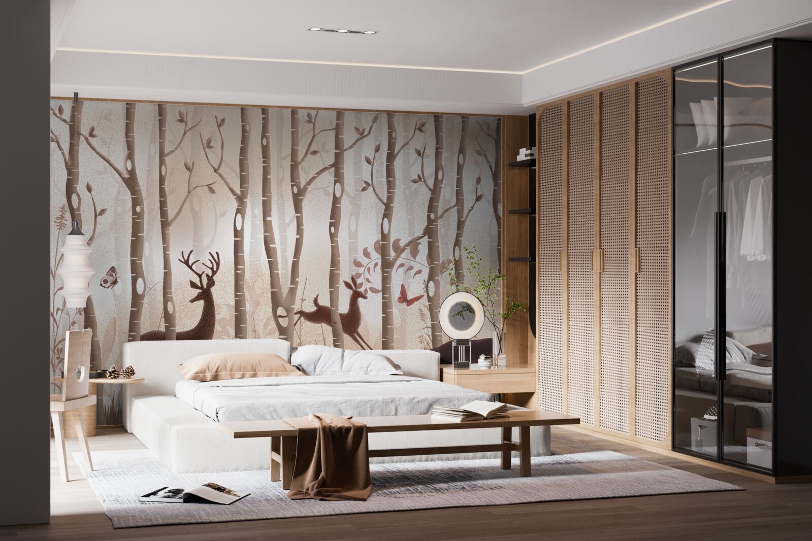 Fotobehang het ranke bos is een plek voor hertenwandelingen