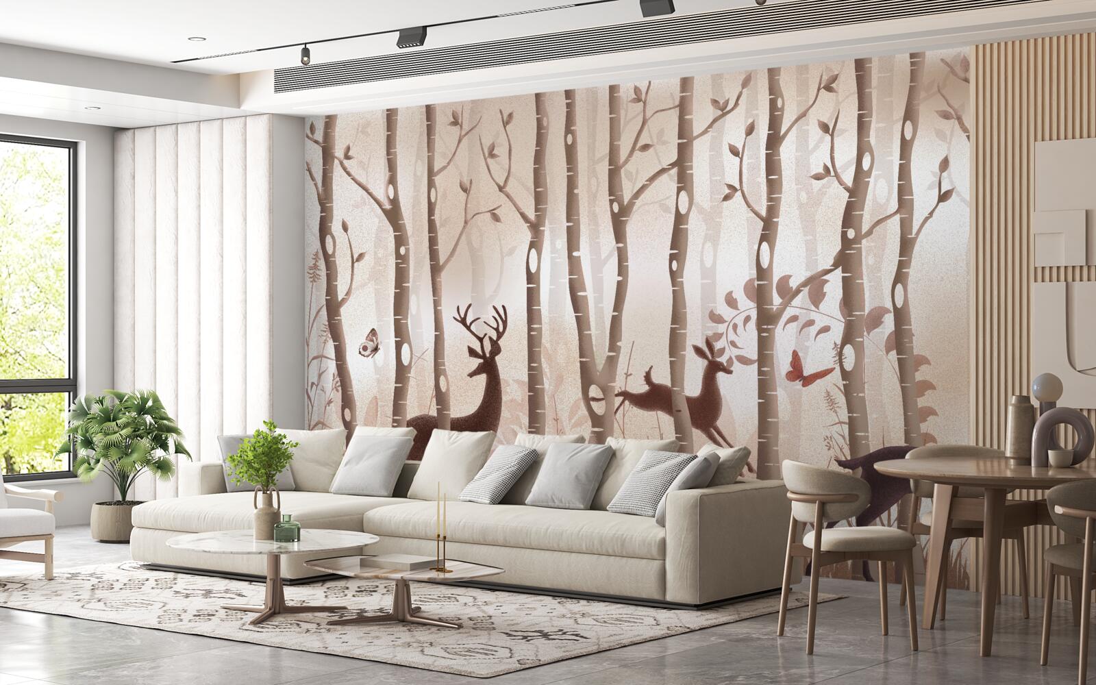 Fotobehang het ranke bos is een plek voor hertenwandelingen