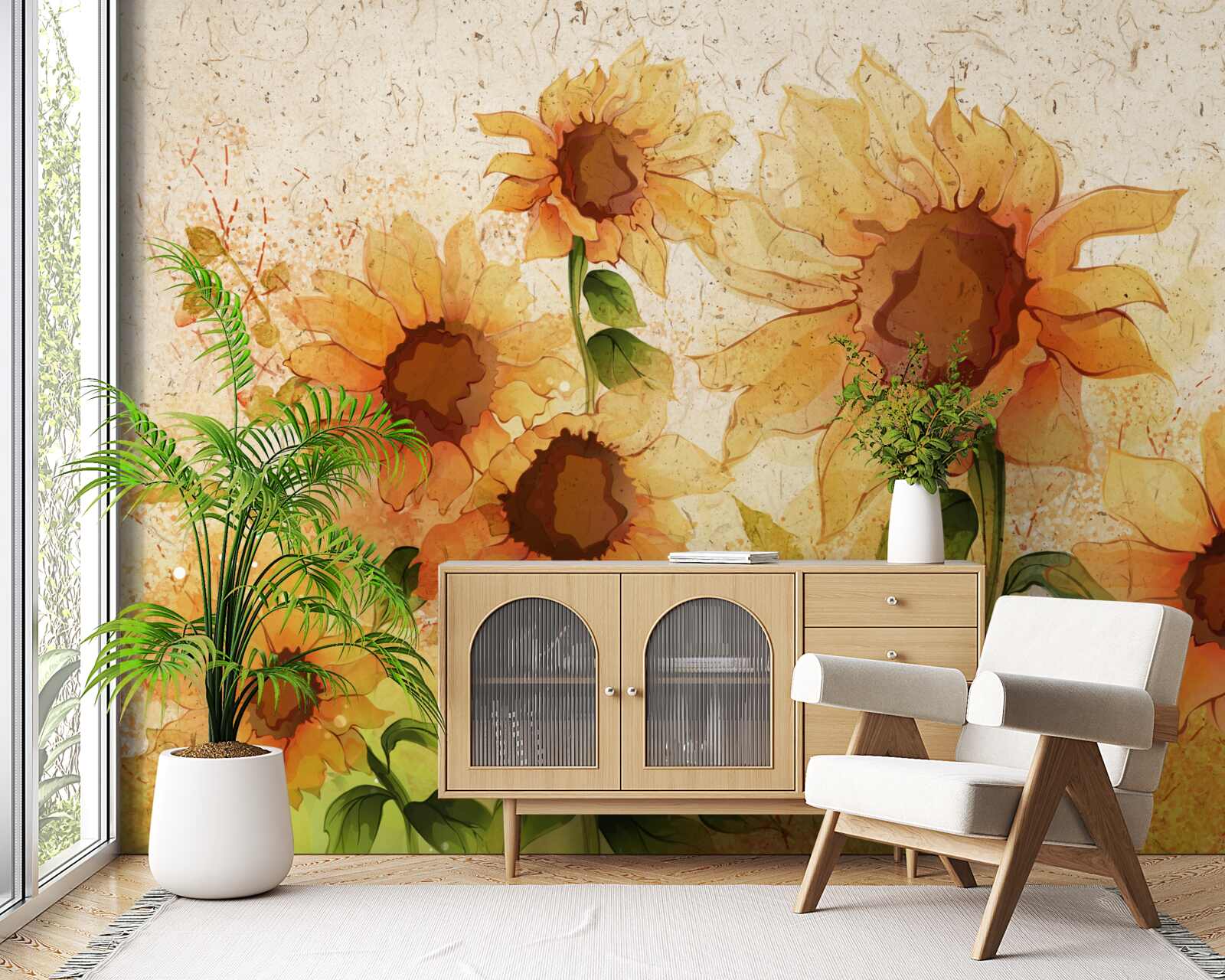 Fotobehang verlichting van gouden zonnebloemen