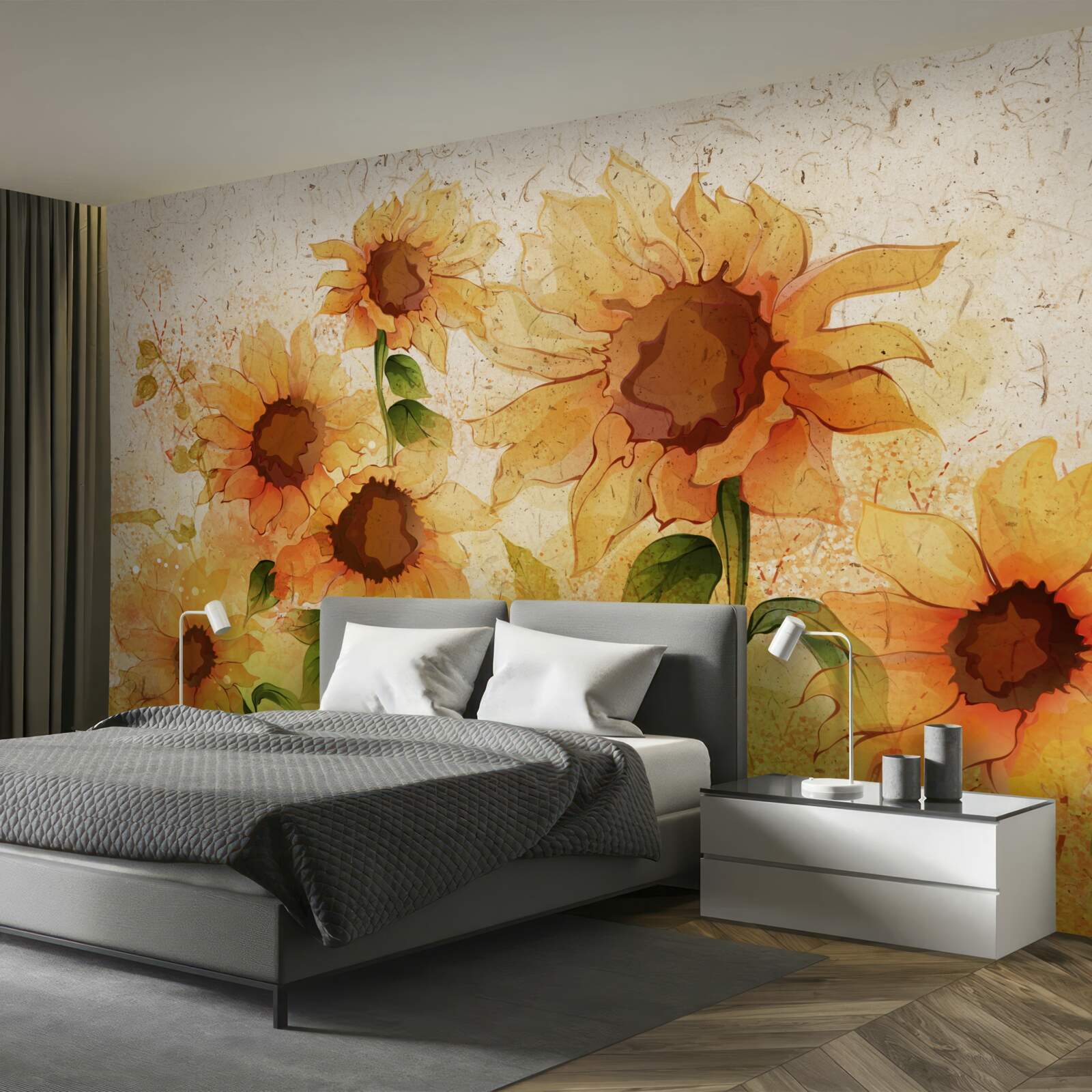 Fotobehang verlichting van gouden zonnebloemen